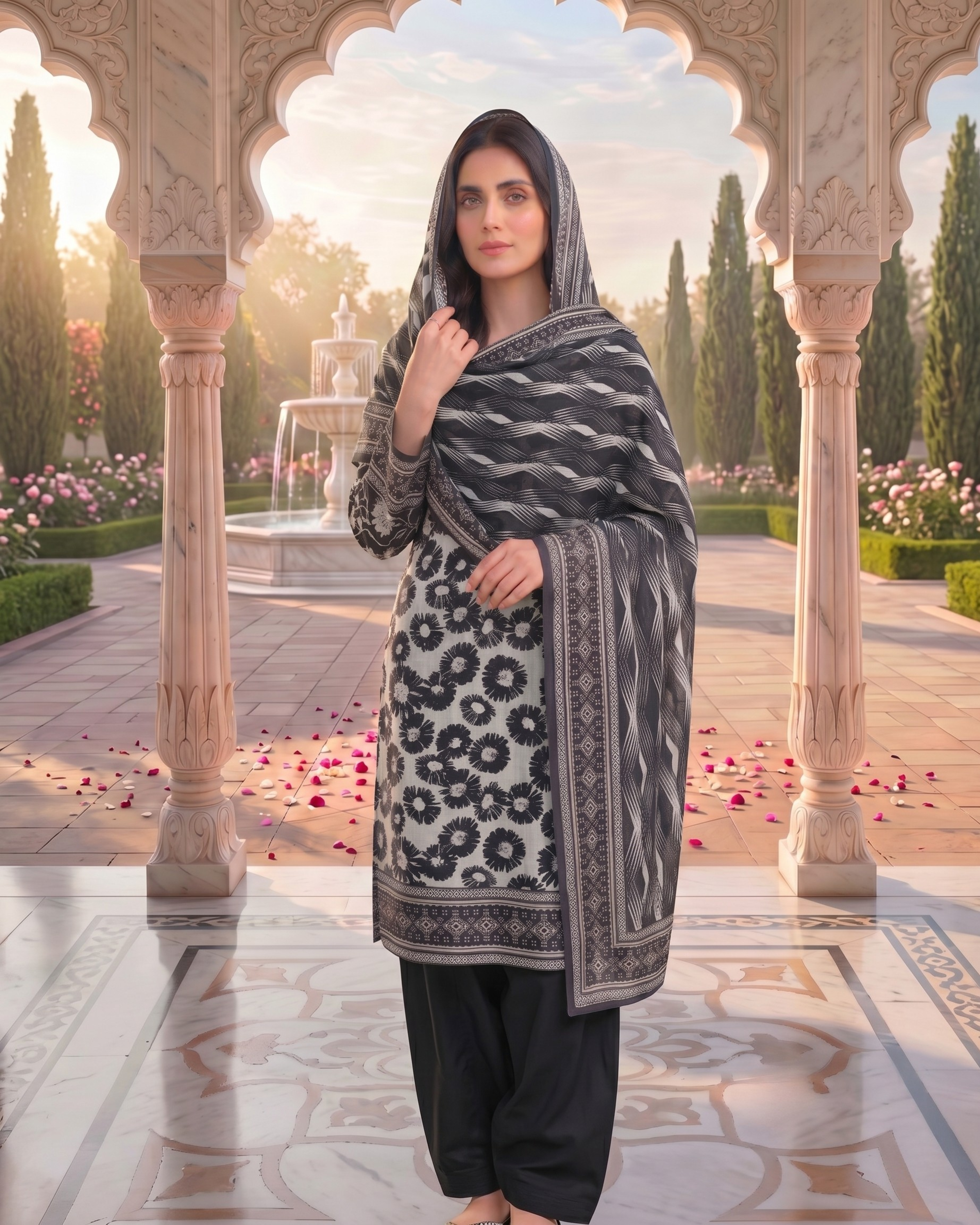 3 Pieces - Sohni Dharti Unstitched Black & White Print Lawn Suit
