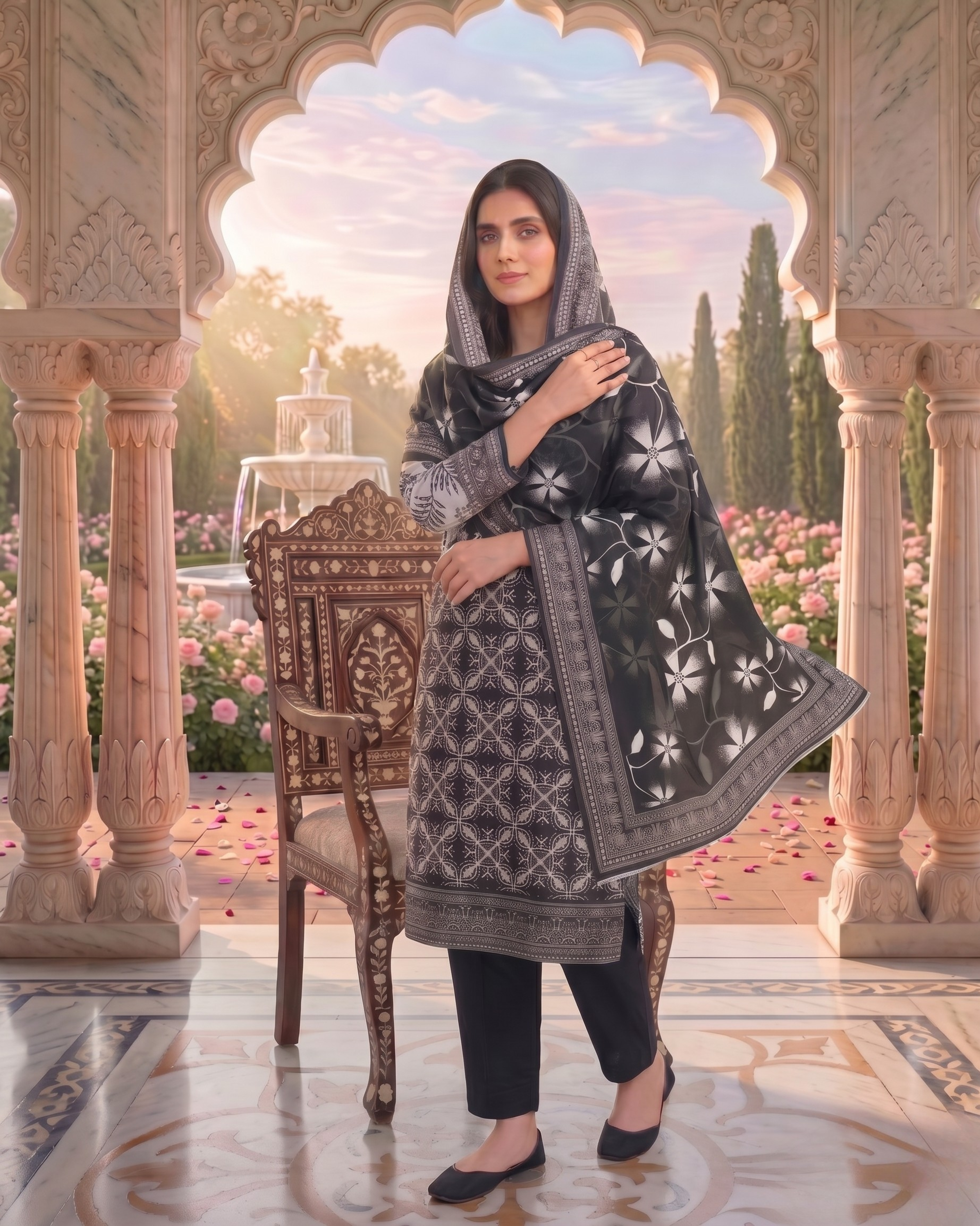 3 Pieces - Sohni Dharti Unstitched Black & White Print Lawn Suit