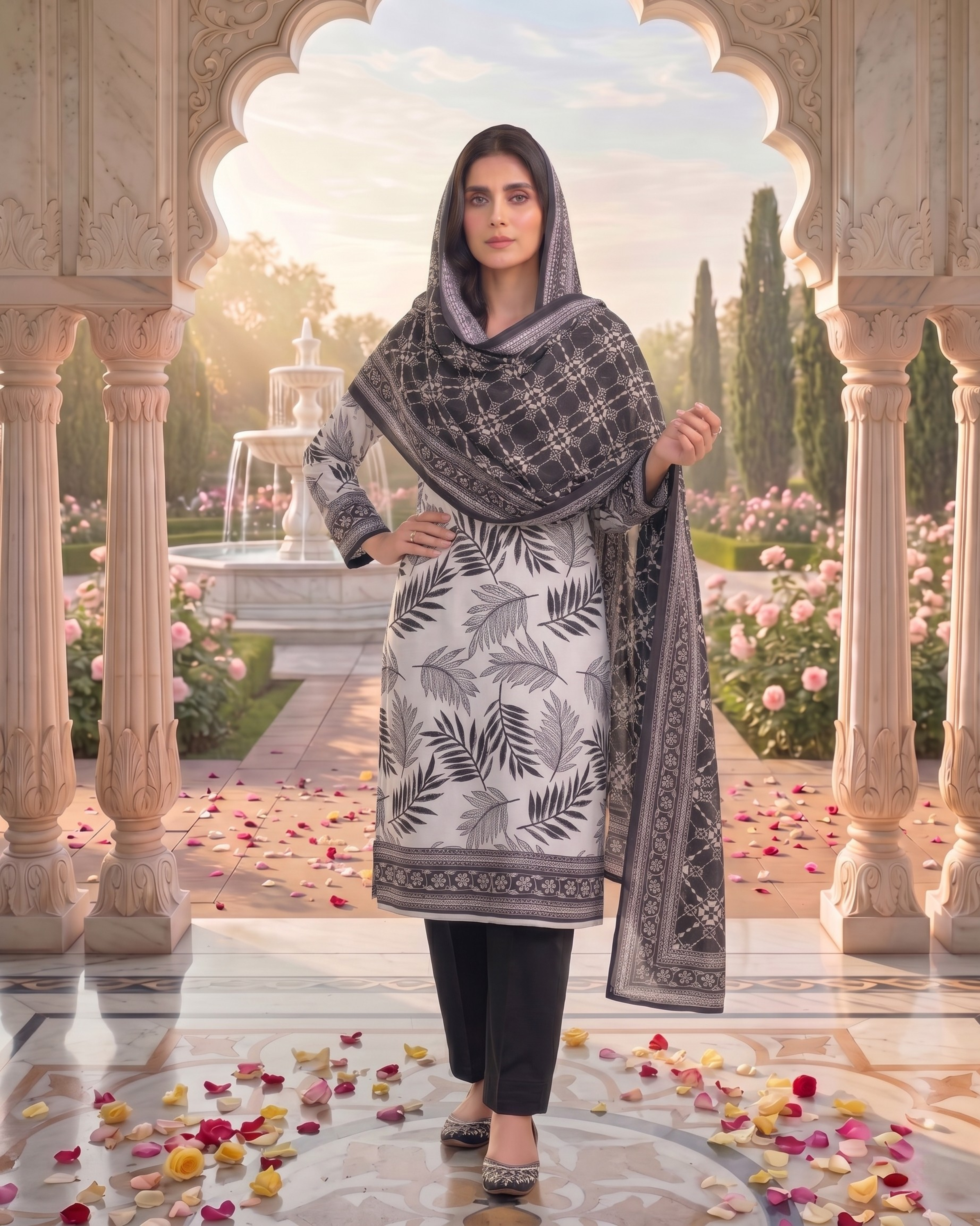3 Pieces - Sohni Dharti Unstitched Black & White Print Lawn Suit