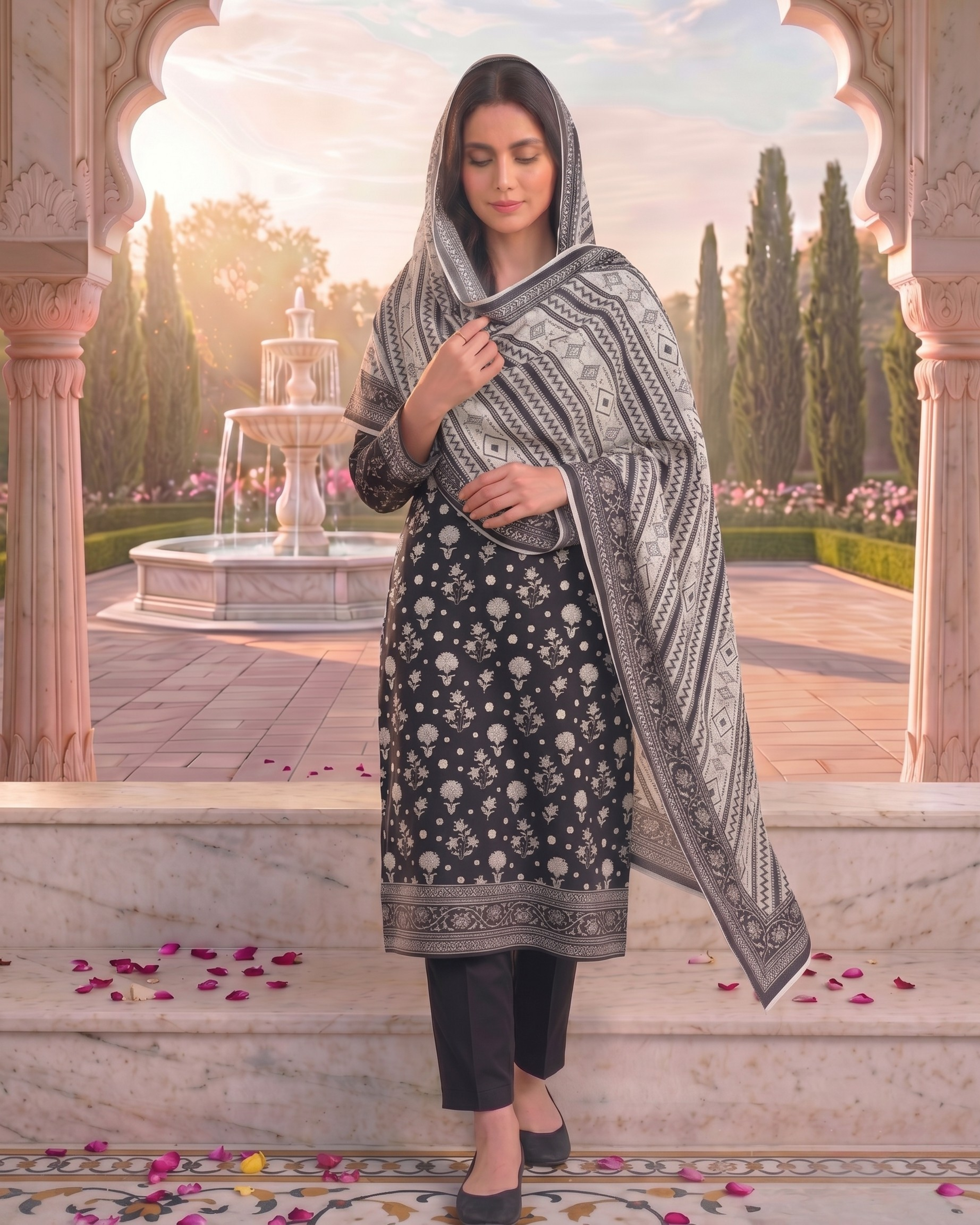 3 Pieces - Sohni Dharti Unstitched Black & White Print Lawn Suit