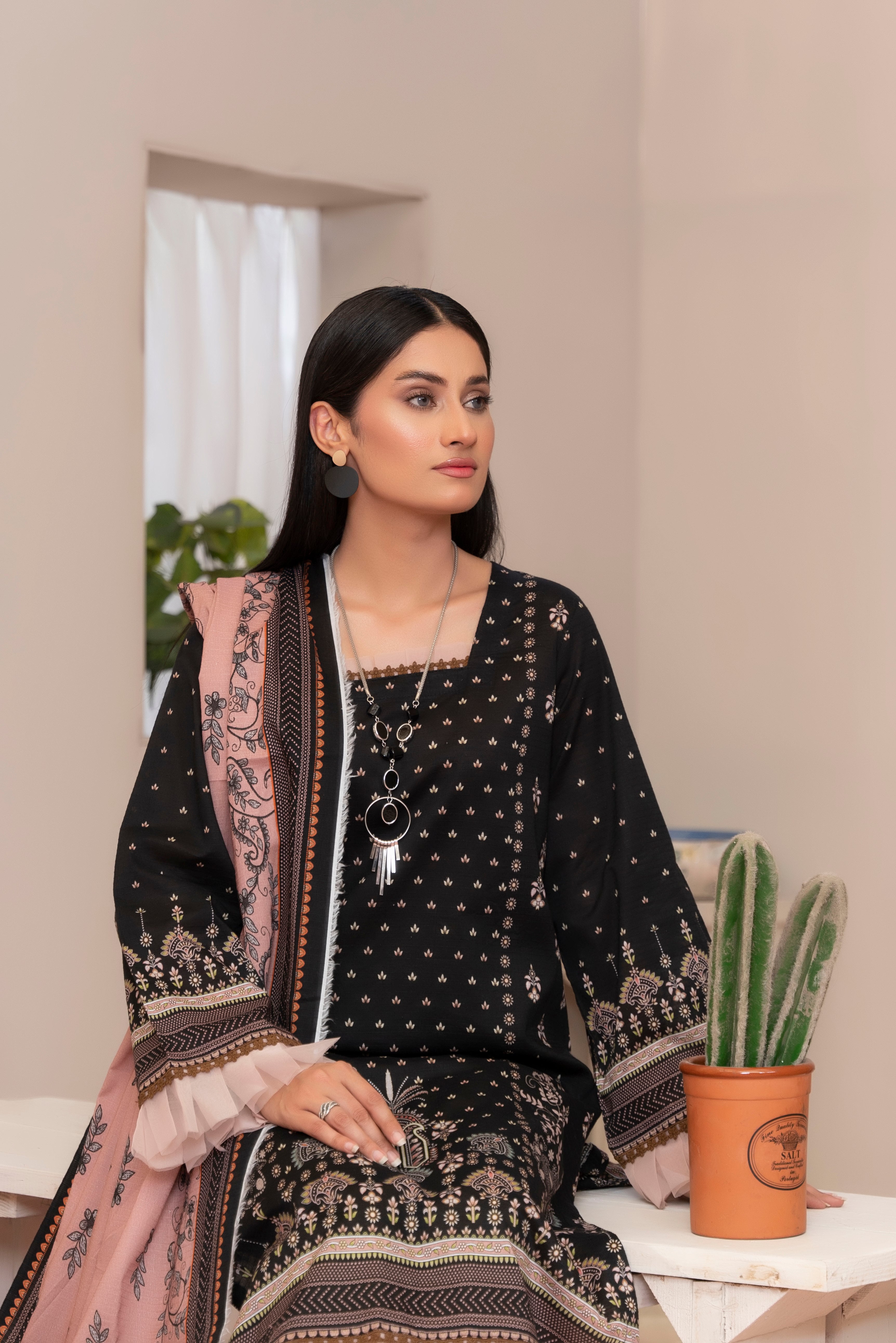 3 Piece - Junoon Unstitched Black Ladies Print Lawn Suit
