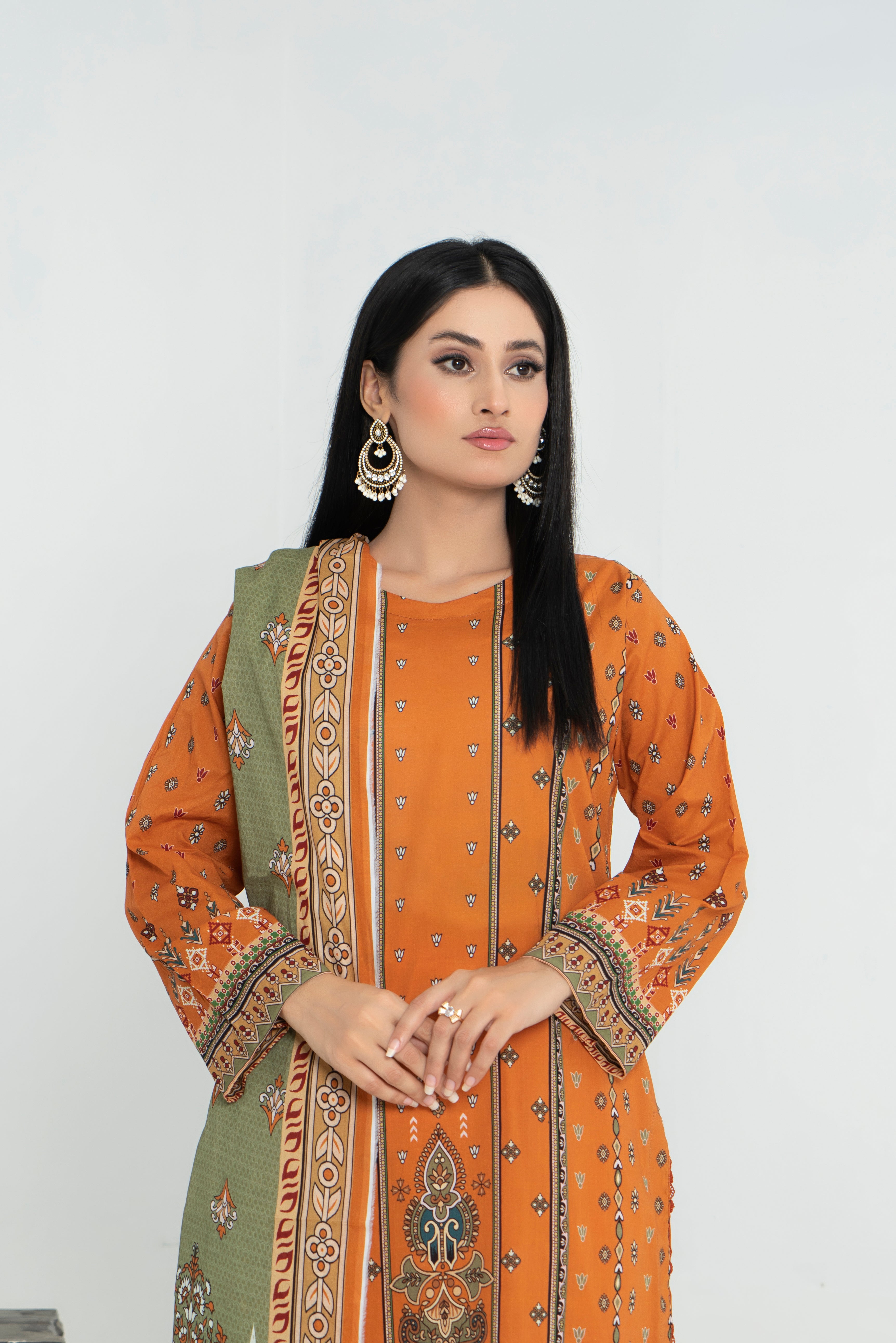 3 Piece - Junoon Unstitched Orange Ladies Transliminor Magic Print Lawn Suit
