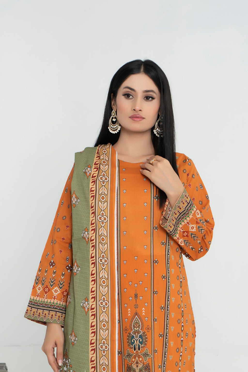3 Piece - Junoon Unstitched Orange Ladies Transliminor Magic Print Lawn Suit