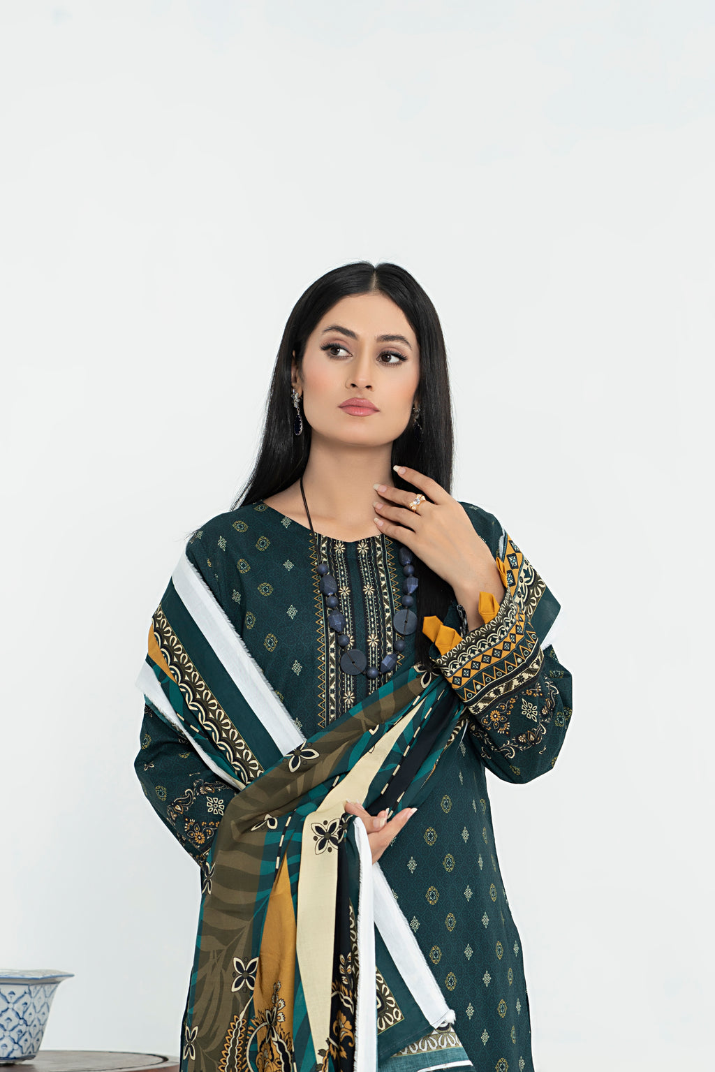 3 Piece - Junoon Unstitched Olive Ladies Transliminor Magic Print Lawn Suit