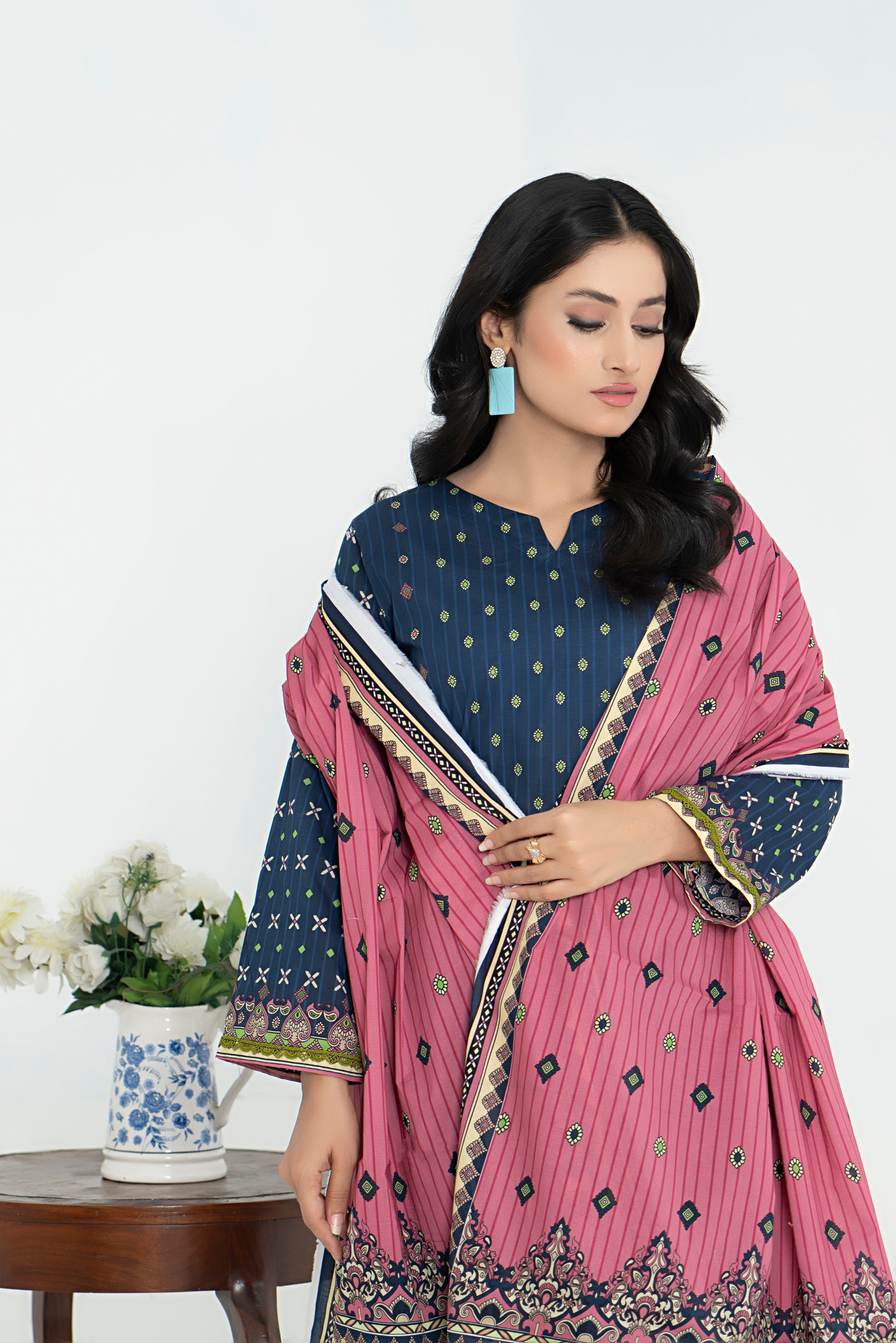 3 Piece - Junoon Unstitched Navy Ladies Print Lawn Suit