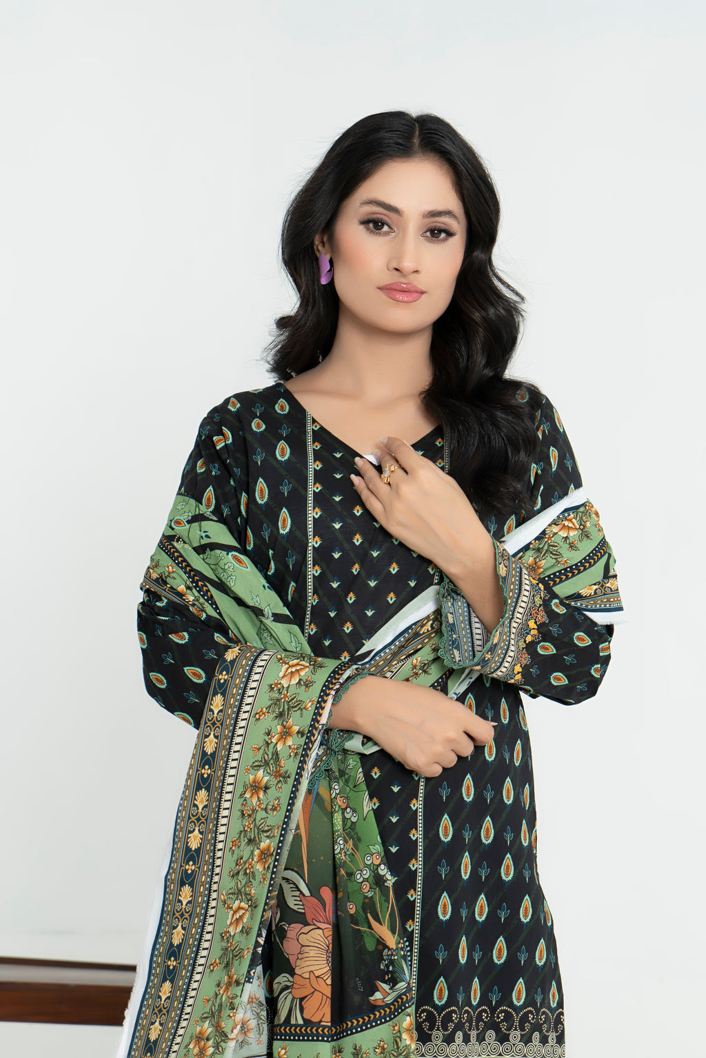 3 Piece - Junoon Unstitched Olive Green Ladies Print Lawn Suit