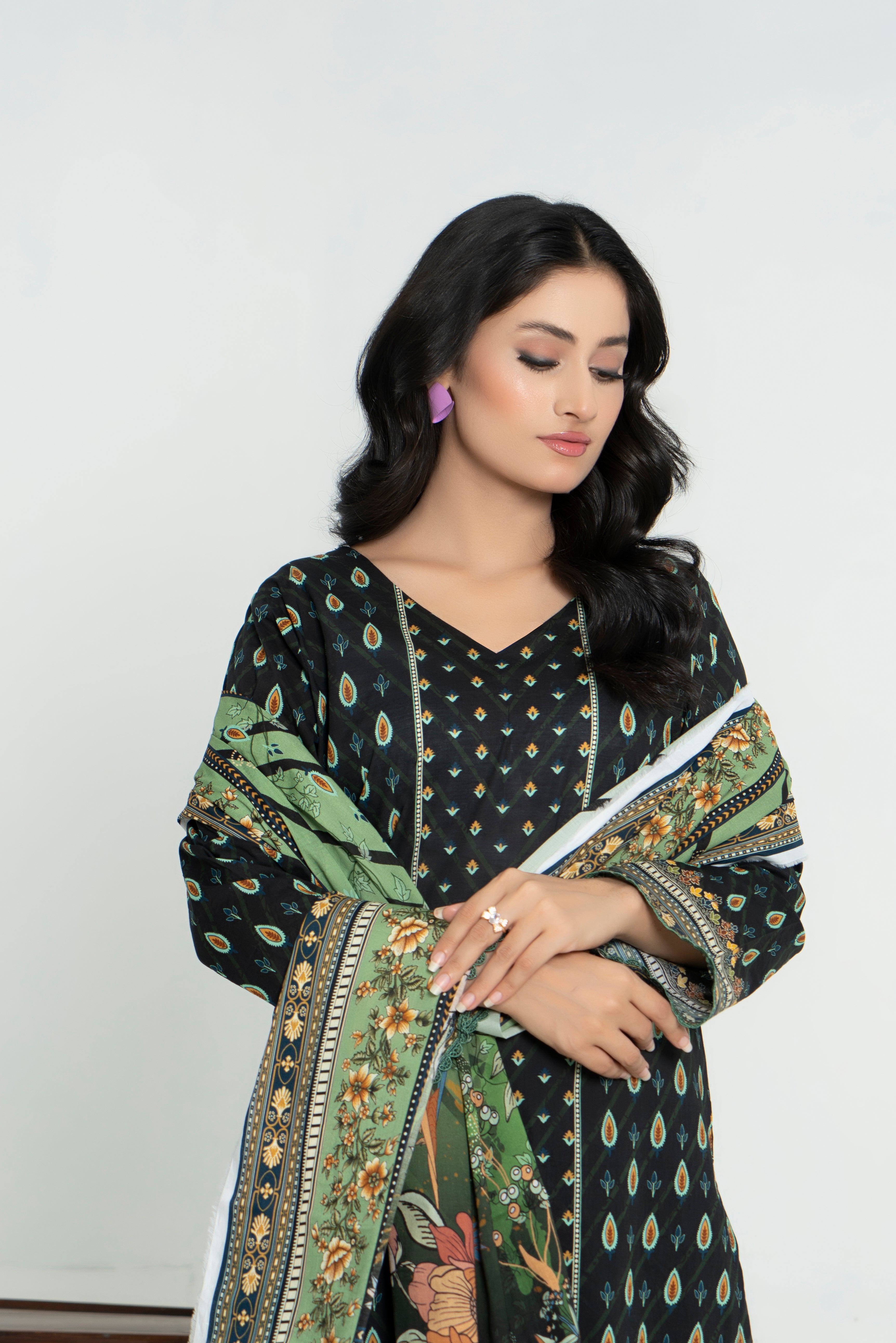 3 Piece - Junoon Unstitched Olive Green Ladies Print Lawn Suit