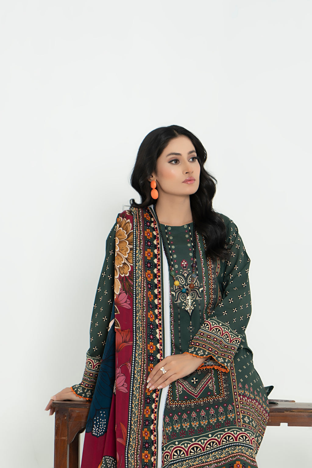 3 Piece - Junoon Unstitched Olive Ladies Transliminor Magic Print Lawn Suit