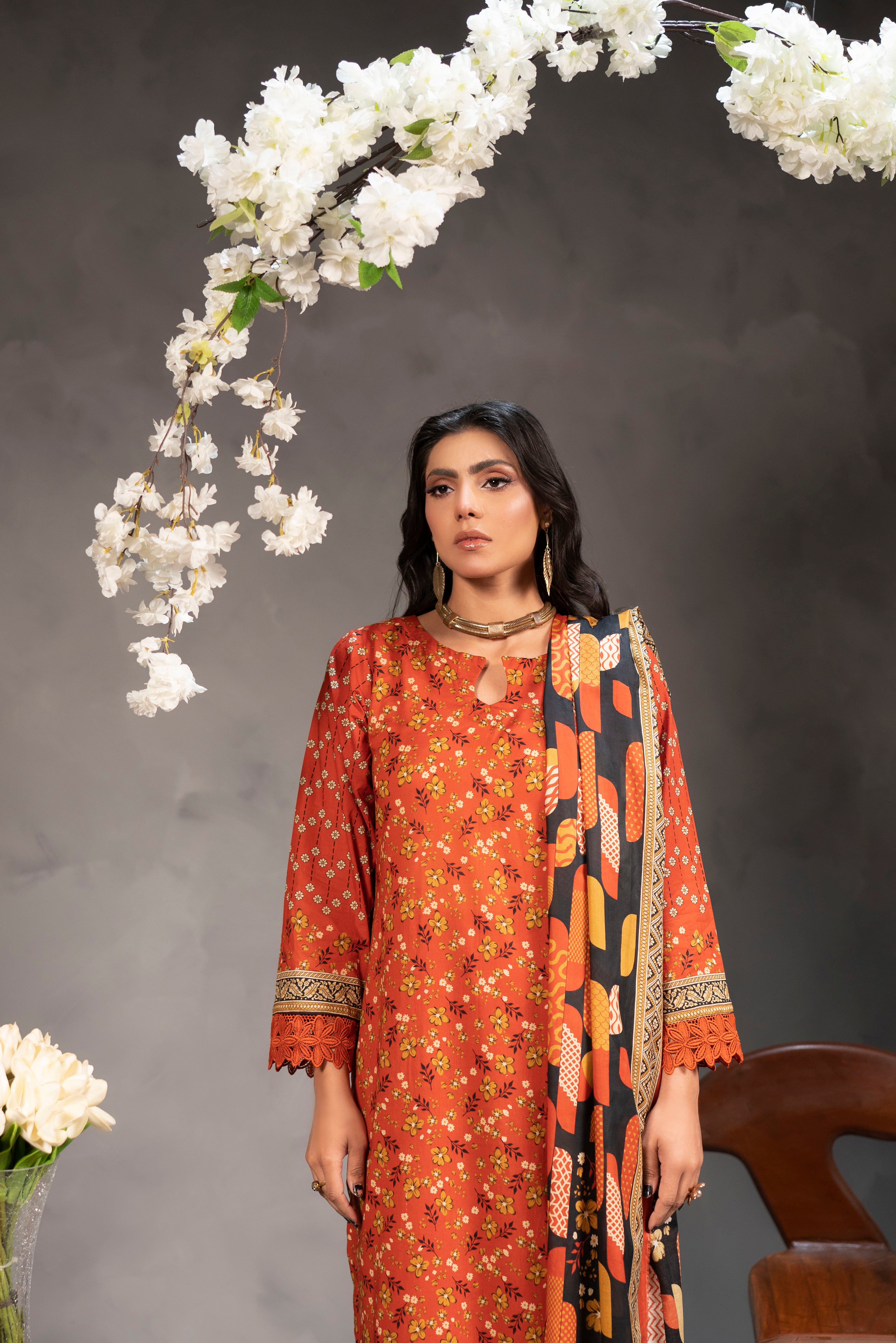3 Piece - Mahi Unstitched Orange Ladies Transliminor Magic Print Lawn Suit