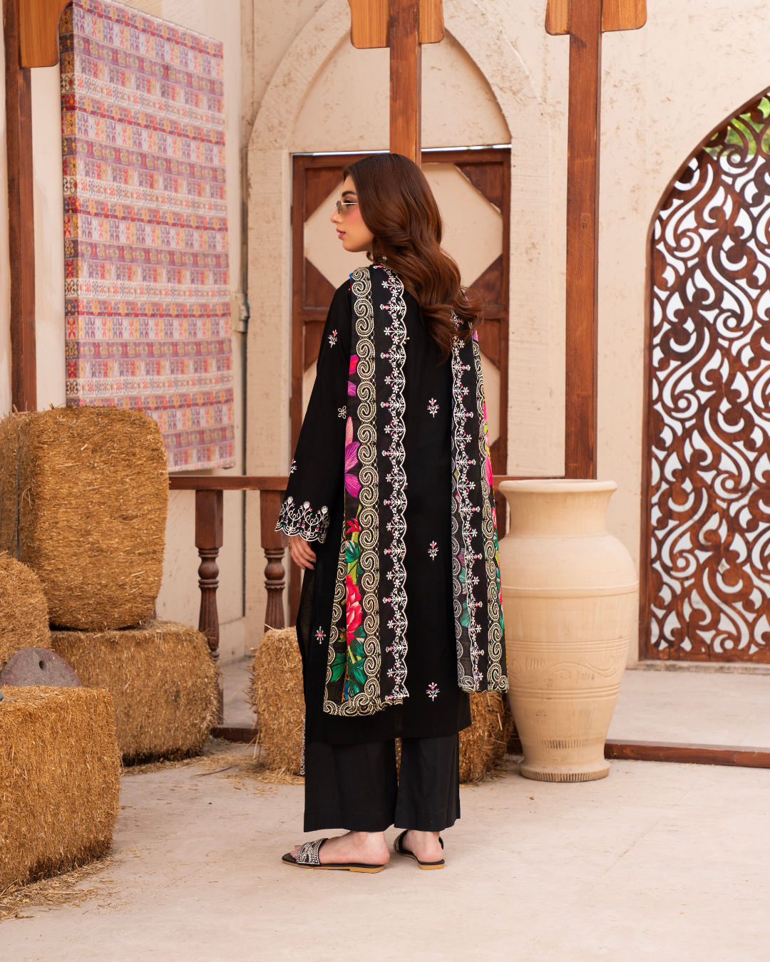 3 Piece - Gold Unstitched Black Embroidered Lawn Suit