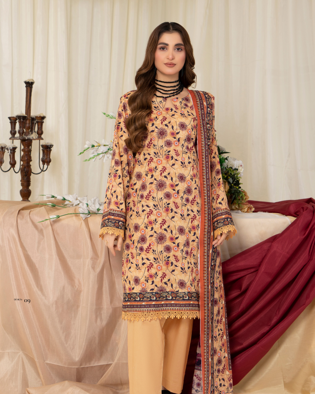3 Piece - Mahi Unstitched Peach Brown Ladies Print Lawn Suit