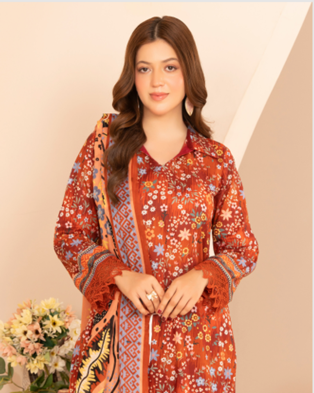 3 Piece - Mahi Unstitched  Peach Brown Ladies Print Lawn Suit