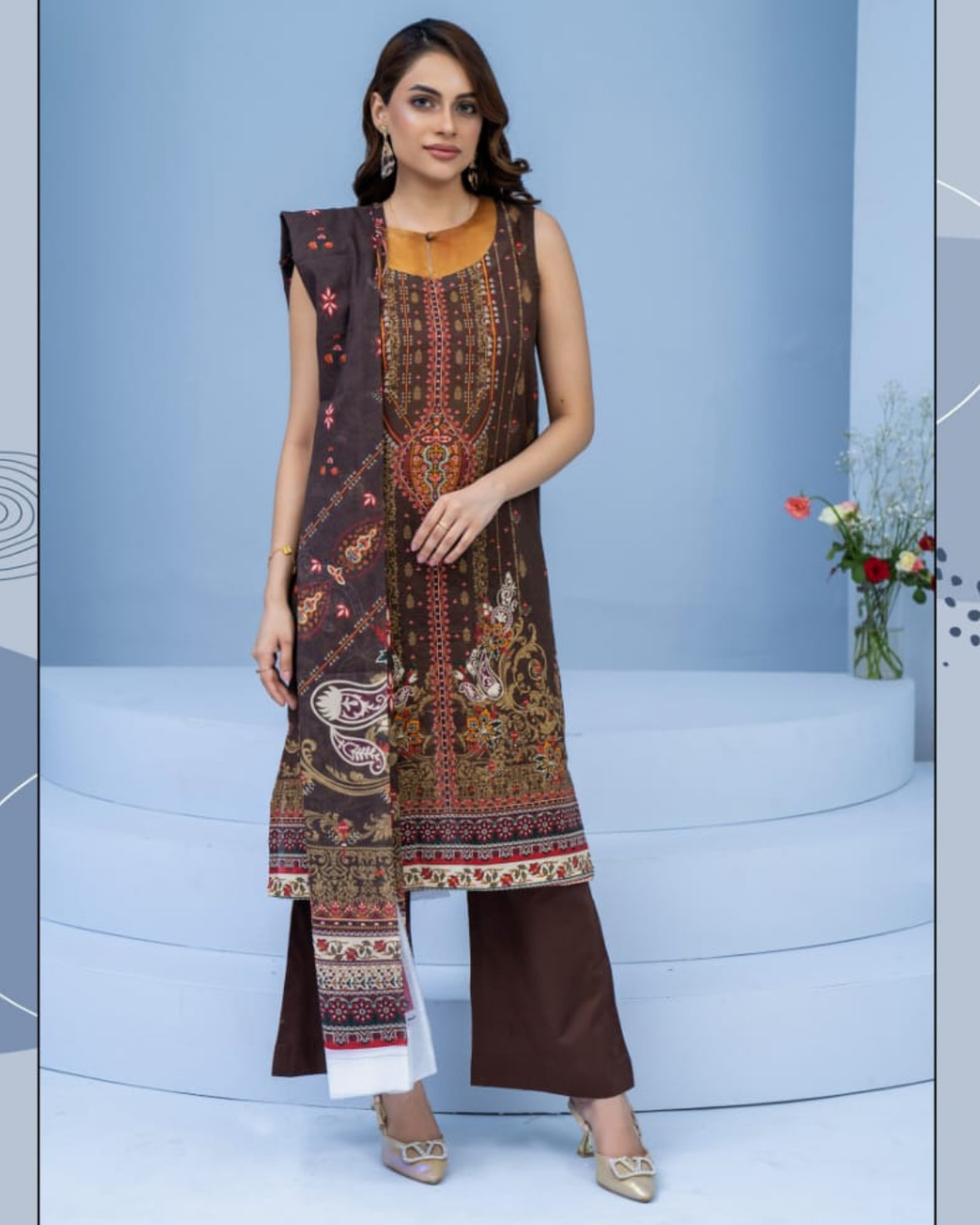 3 Piece - Mojoberry Unstitched Brown Ladies Banadora Print Lawn Suit
