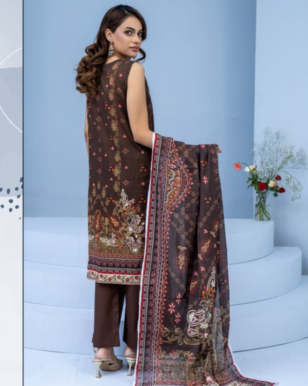 3 Piece - Mojoberry Unstitched Brown Ladies Banadora Print Lawn Suit