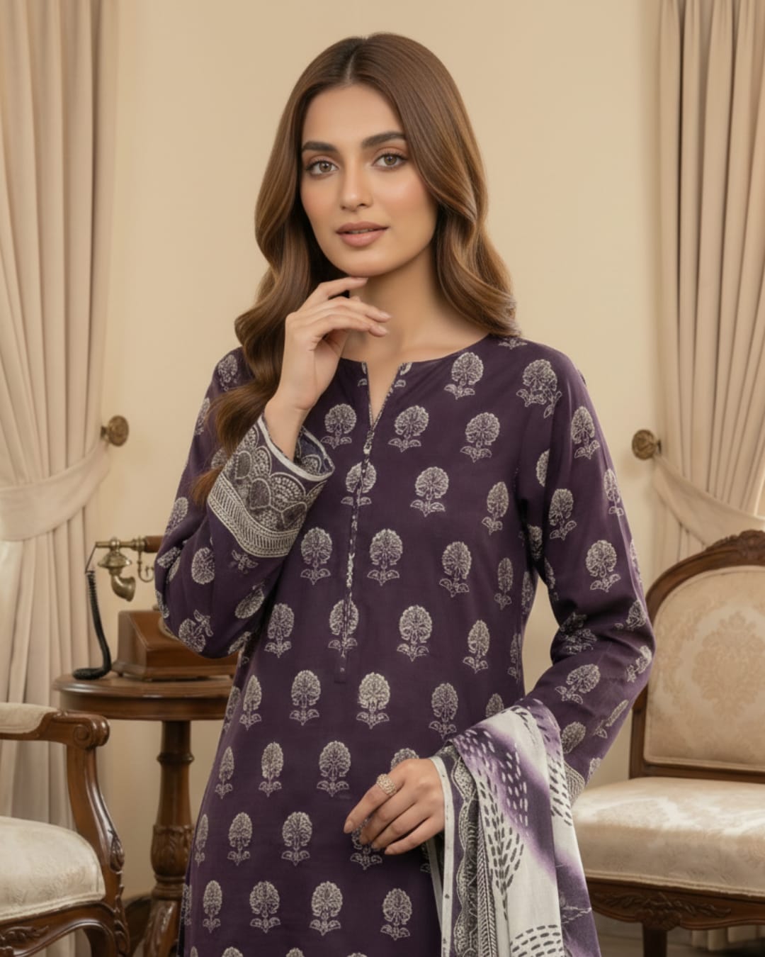 3 Pieces - Arfa Unstitched Dark Purple Chamki Print Lawn Suit