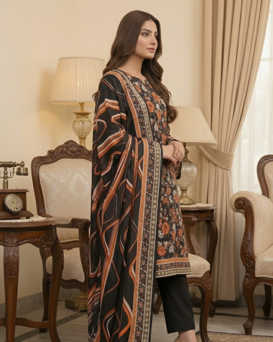 3 Pieces - Arfa Unstitched Black Chamki Print Lawn Suit