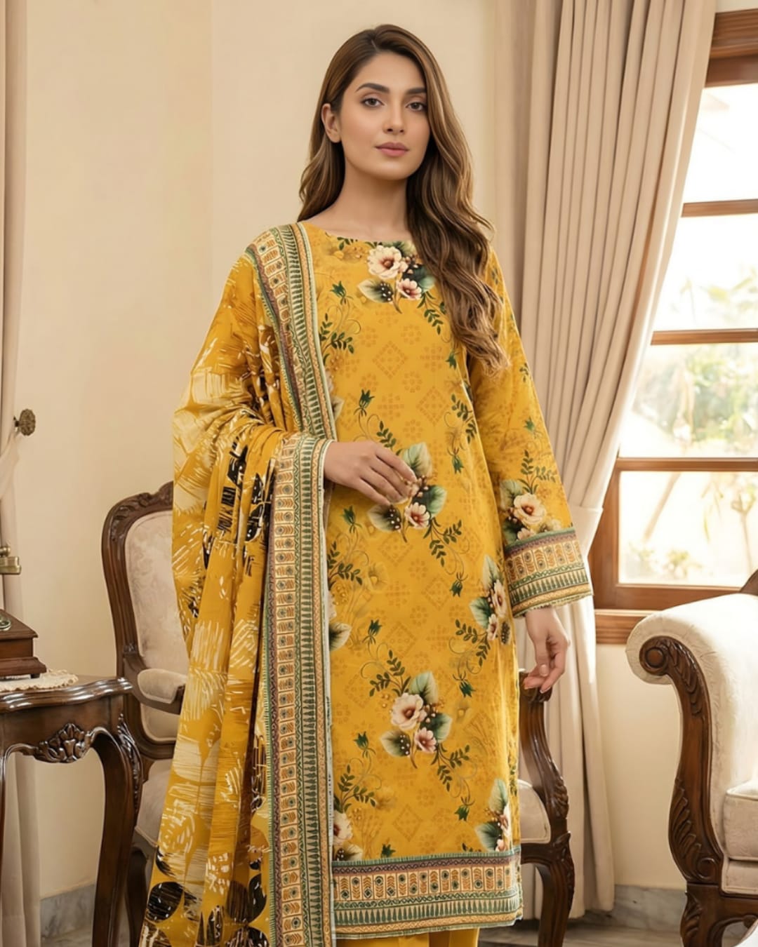 3 Pieces - Arfa Unstitched Mustard Chamki Print Lawn Suit
