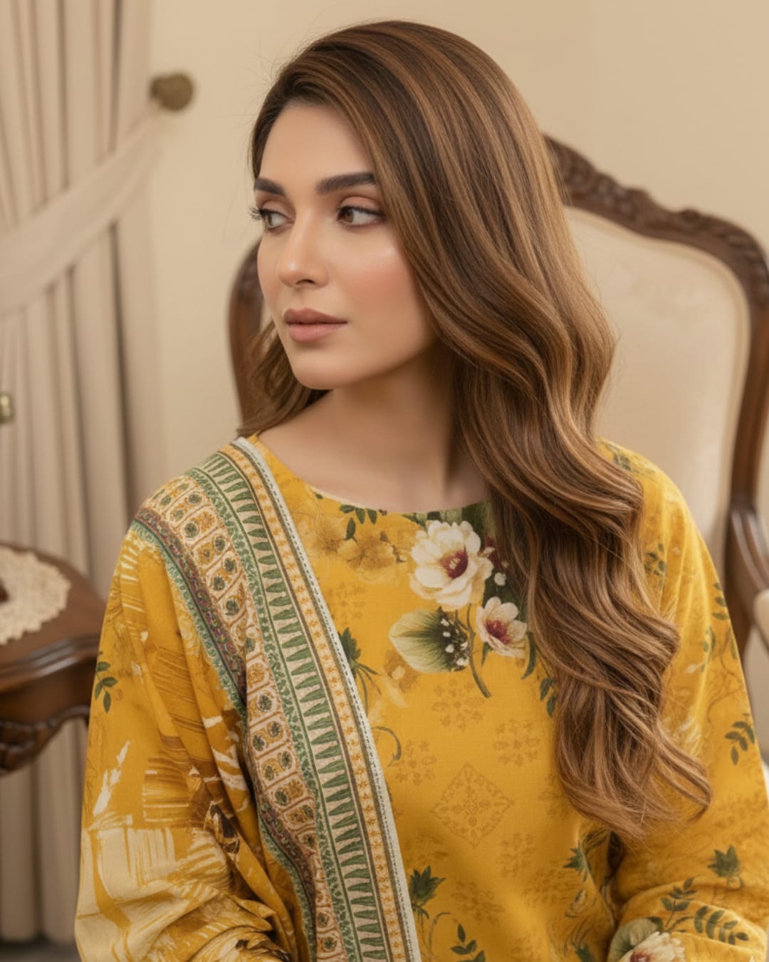 3 Pieces - Arfa Unstitched Mustard Chamki Print Lawn Suit