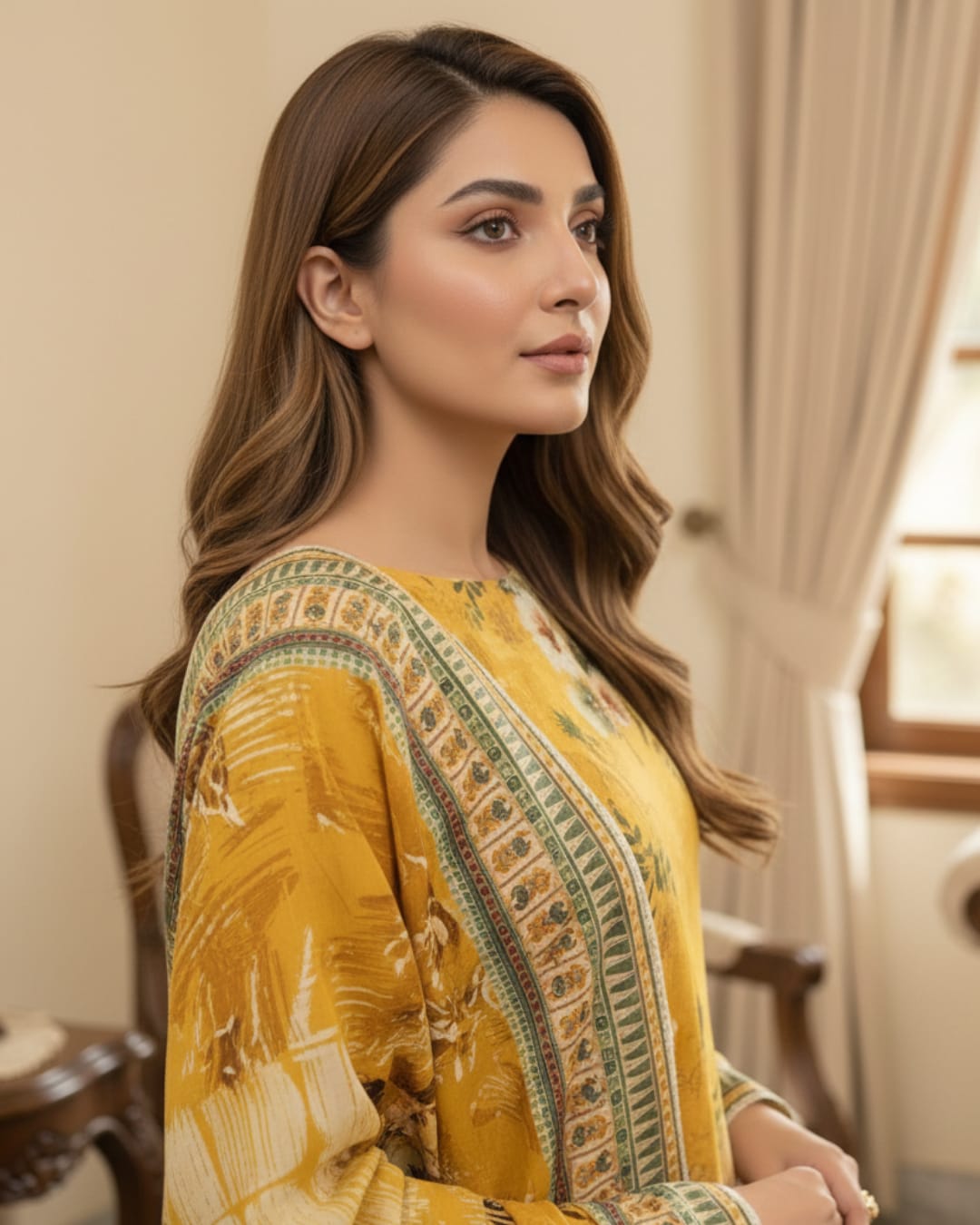 3 Pieces - Arfa Unstitched Mustard Chamki Print Lawn Suit