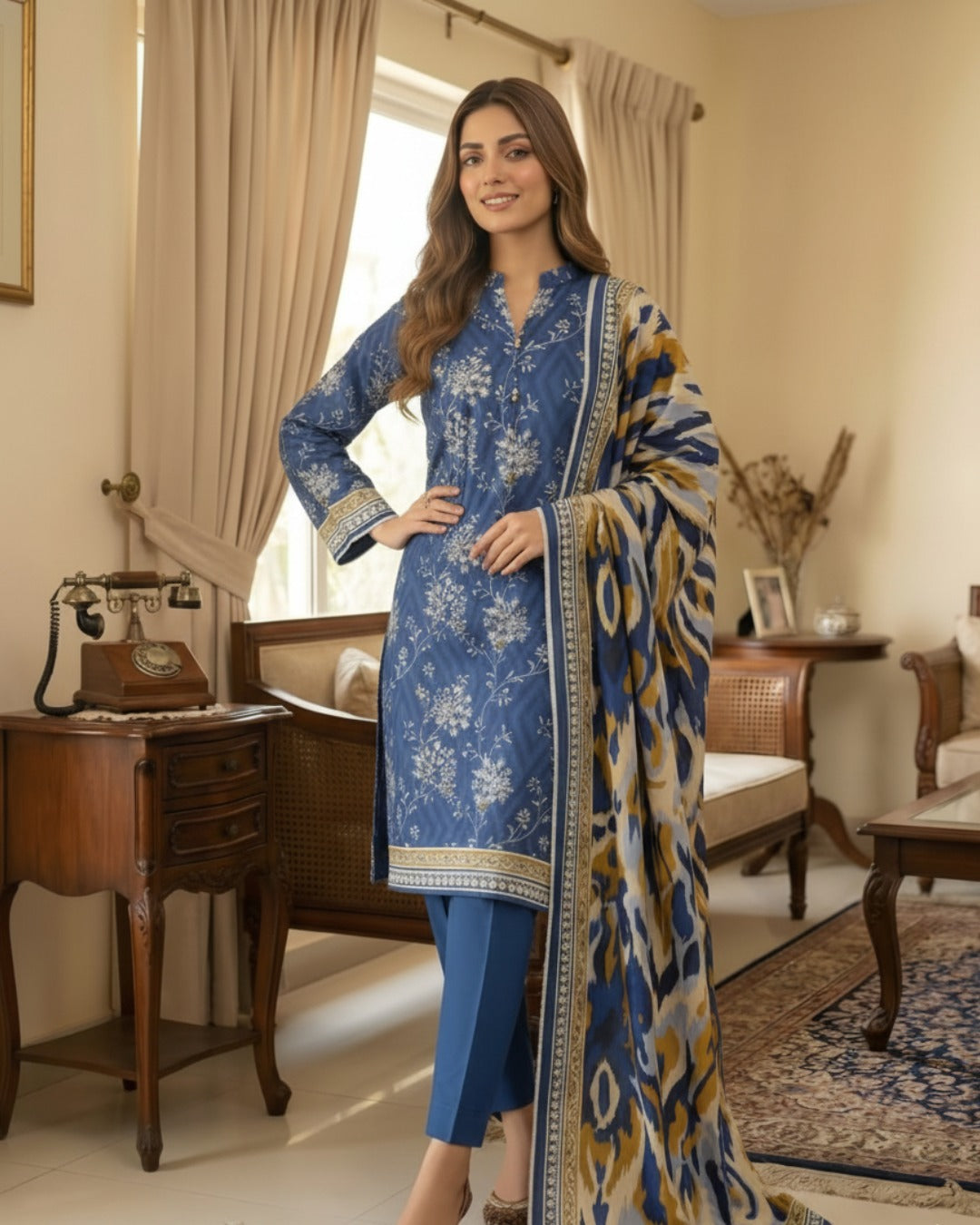 3 Pieces - Arfa Unstitched Navy Blue Chamki Print Lawn Suit