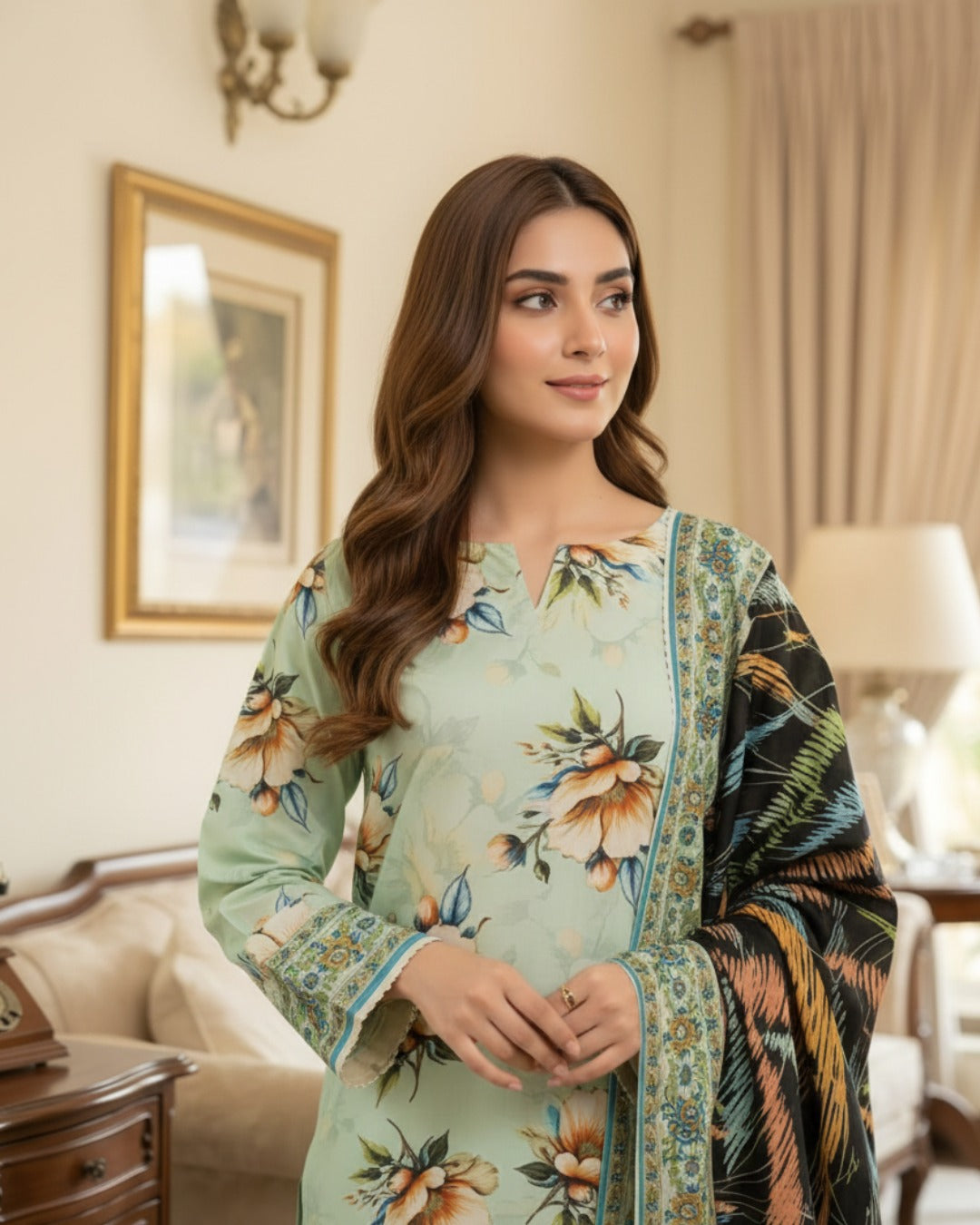 3 Pieces - Arfa Unstitched Pista Chamki Print Lawn Suit