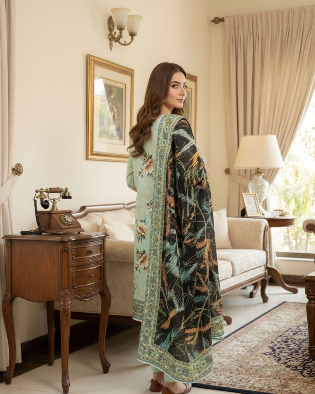 3 Pieces - Arfa Unstitched Pista Chamki Print Lawn Suit