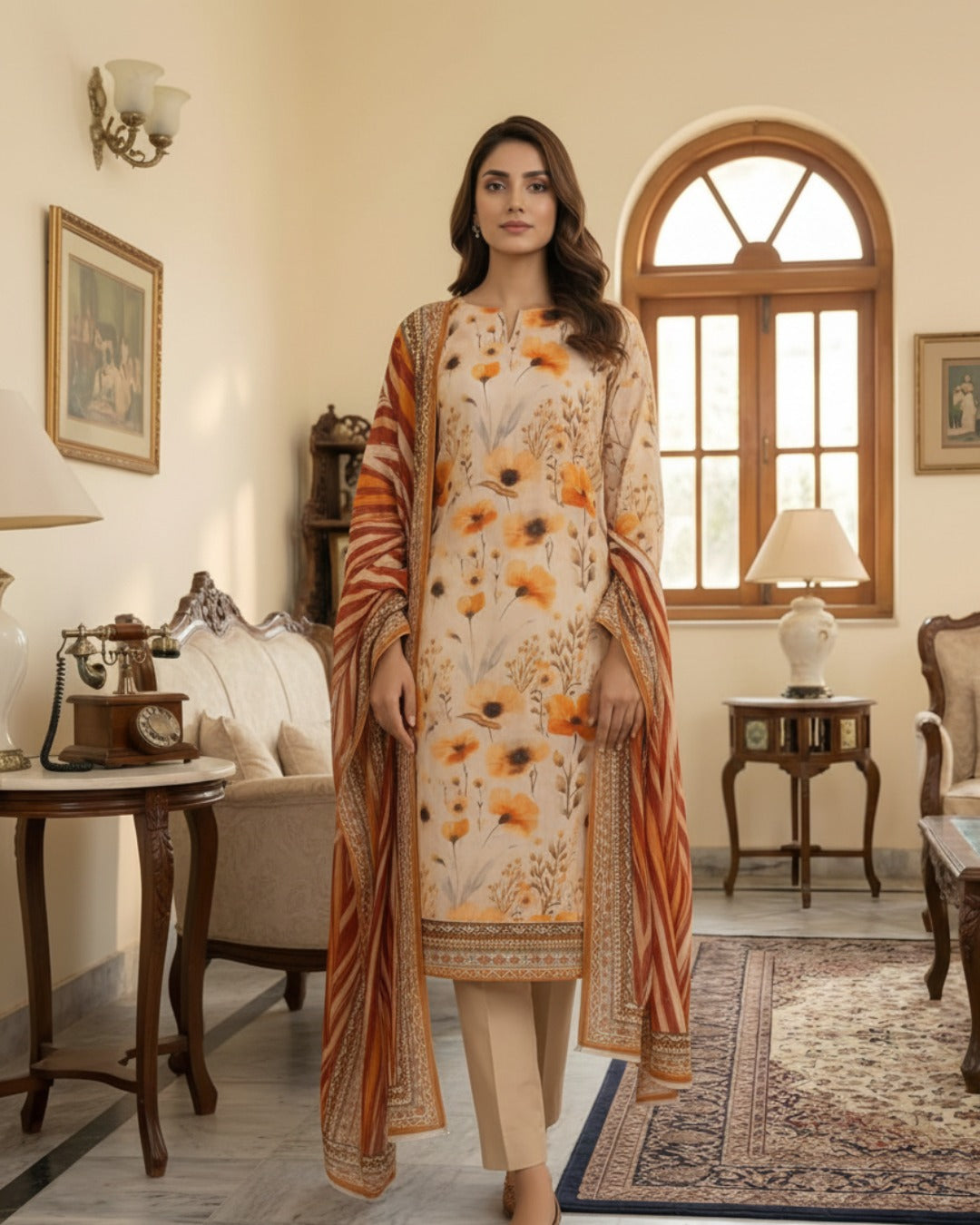 3 Pieces - Arfa Unstitched Skin Chamki Print Lawn Suit