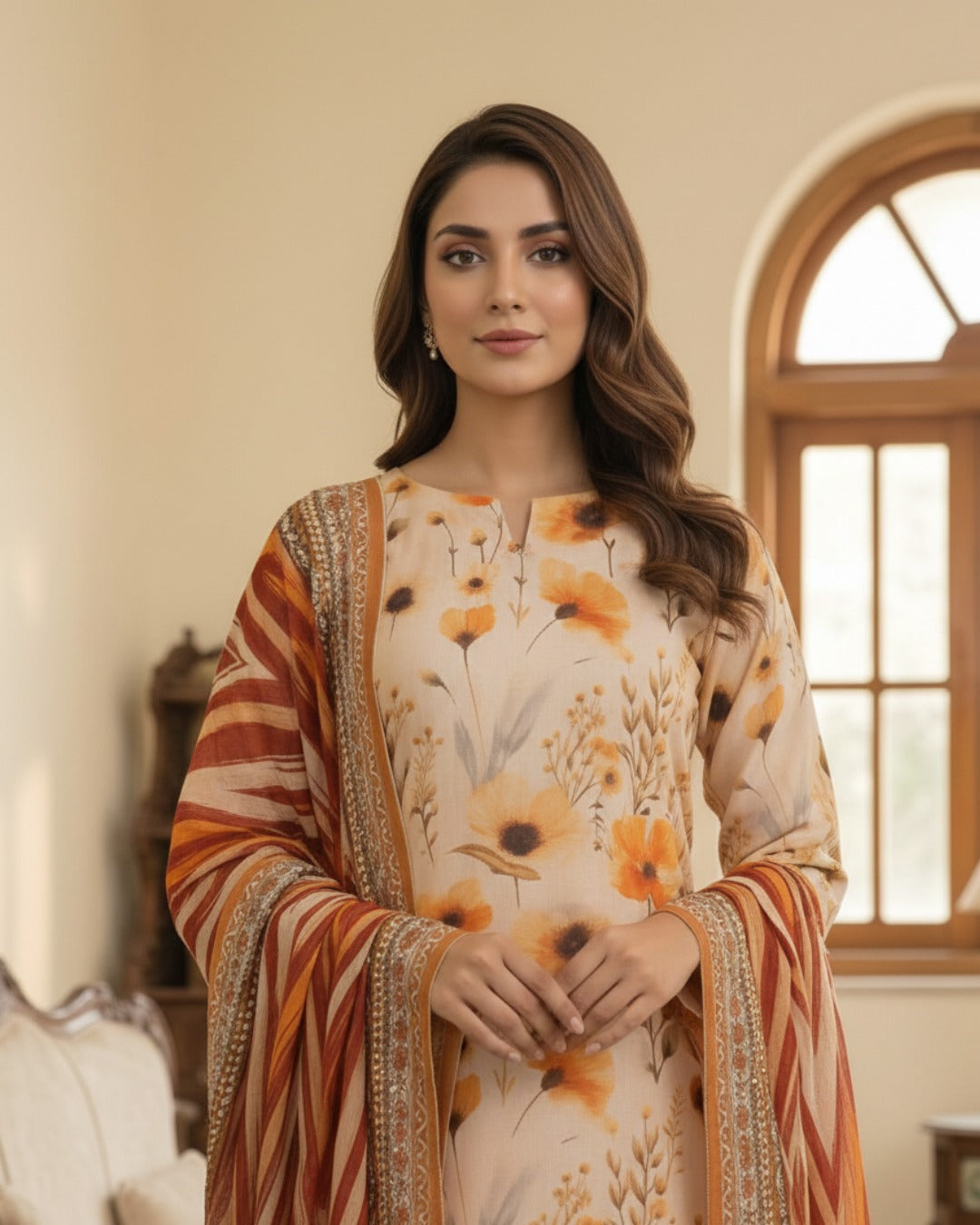 3 Pieces - Arfa Unstitched Skin Chamki Print Lawn Suit