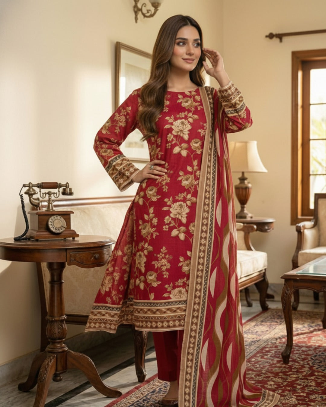 3 Pieces - Arfa Unstitched Red Chamki Print Lawn Suit