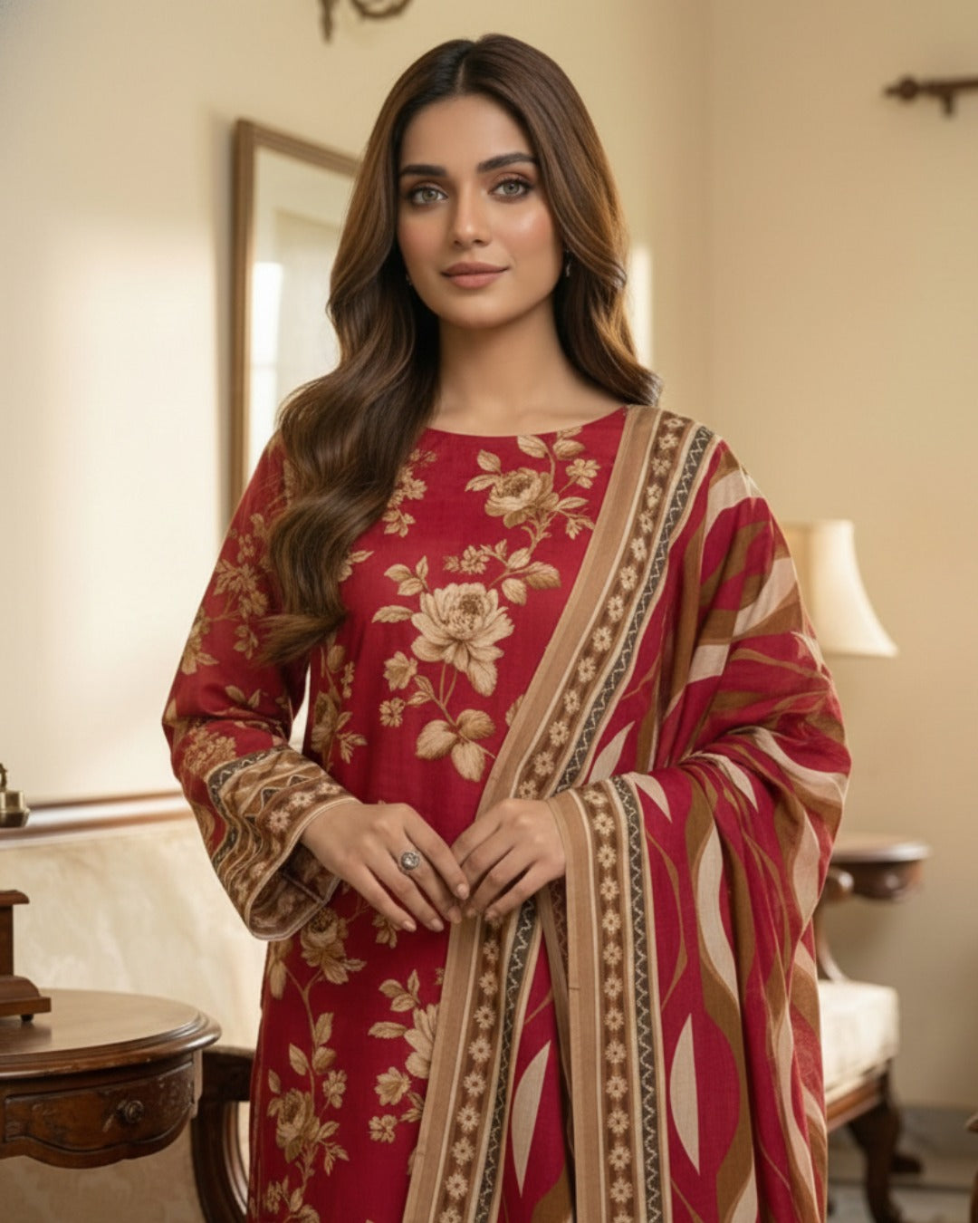 3 Pieces - Arfa Unstitched Red Chamki Print Lawn Suit