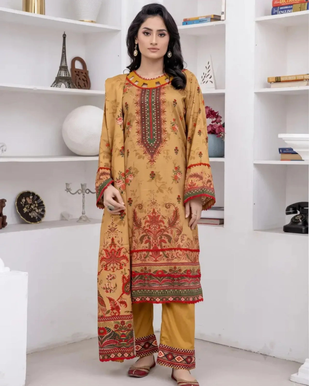 3 Piece - Marooj Unstitched Orange Ethnic Doria Linen Suit