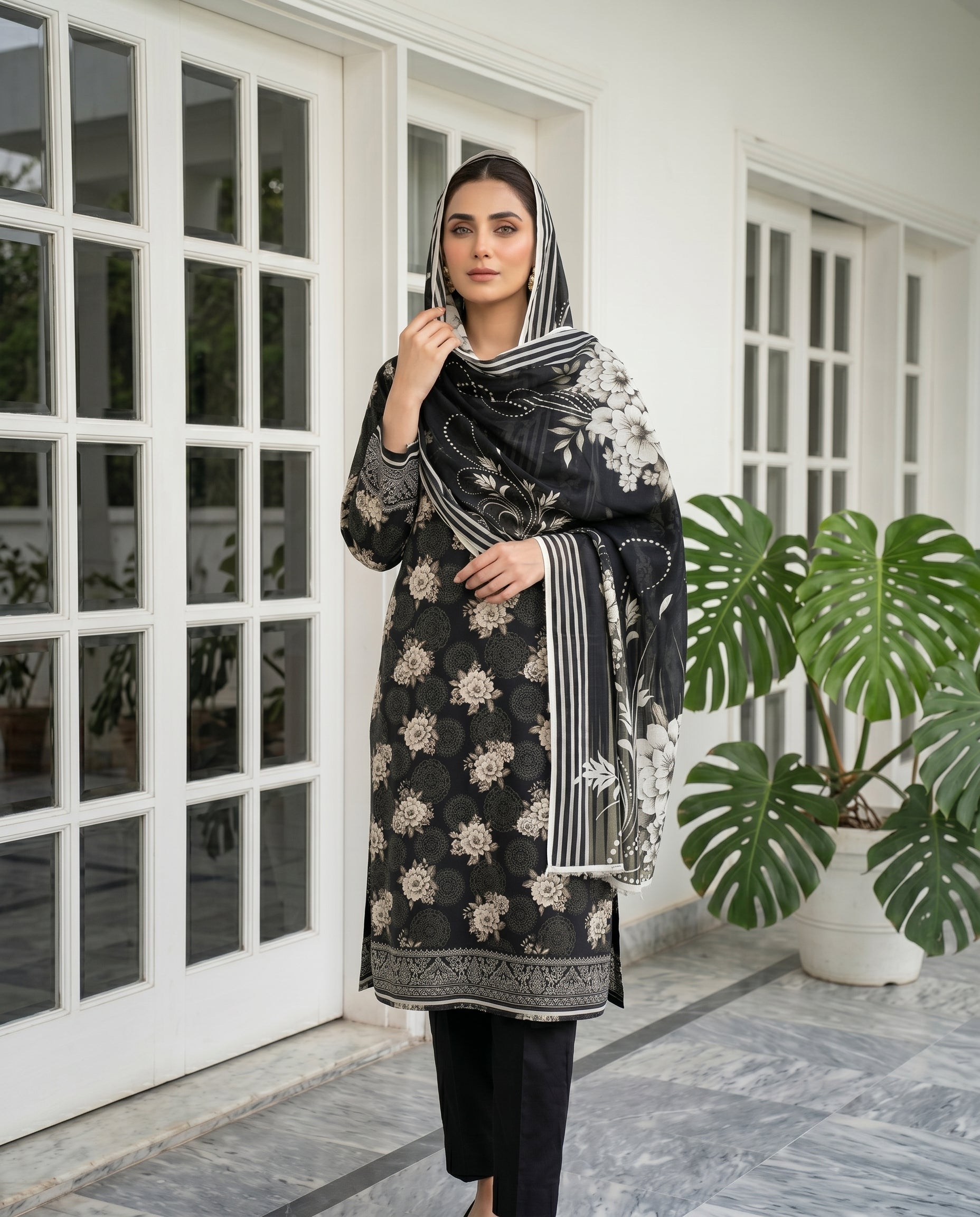 3 Pieces - Sohni Dharti Unstitched Black & White Print Lawn Suit