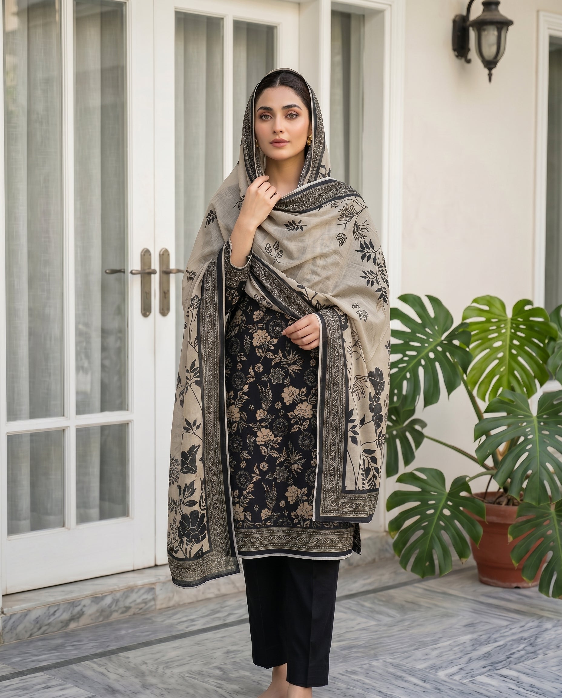 3 Pieces - Sohni Dharti Unstitched Black & White Print Lawn Suit