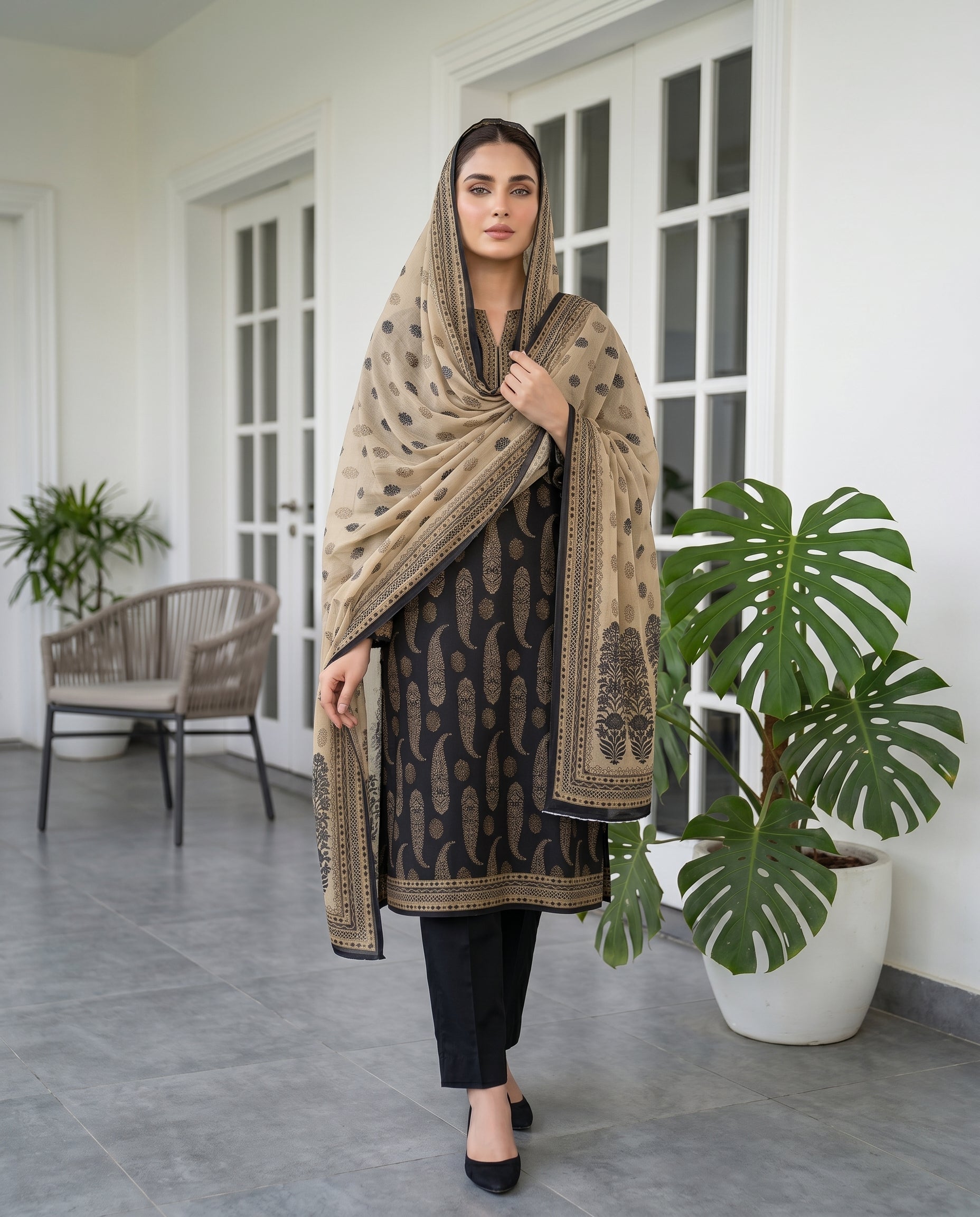 3 Pieces - Sohni Dharti Unstitched Black & White Print Lawn Suit