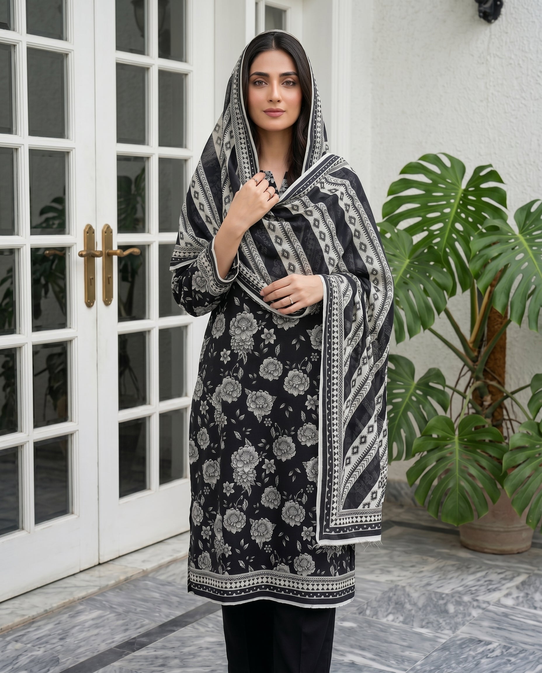 3 Pieces - Sohni Dharti Unstitched Black & White Print Lawn Suit
