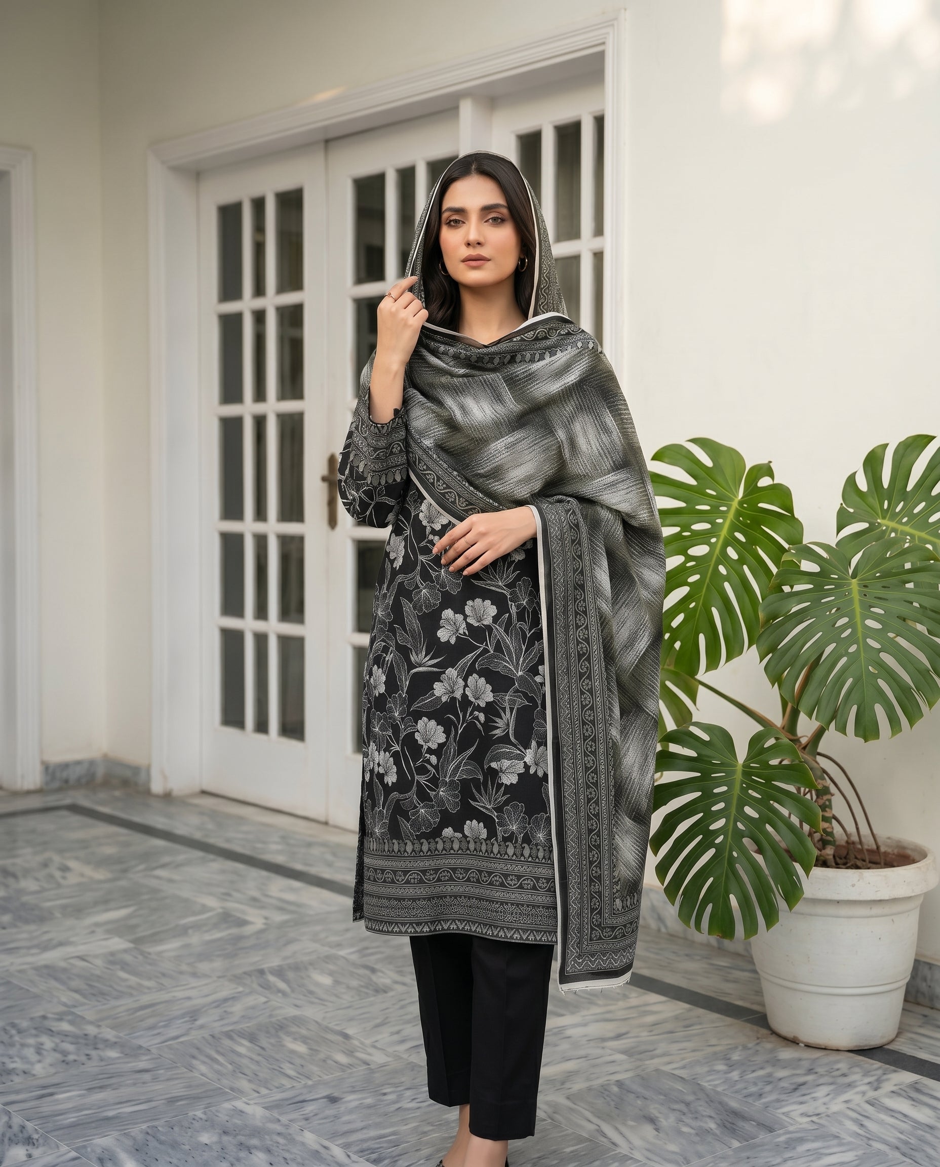 3 Pieces - Sohni Dharti Unstitched Black & White Print Lawn Suit