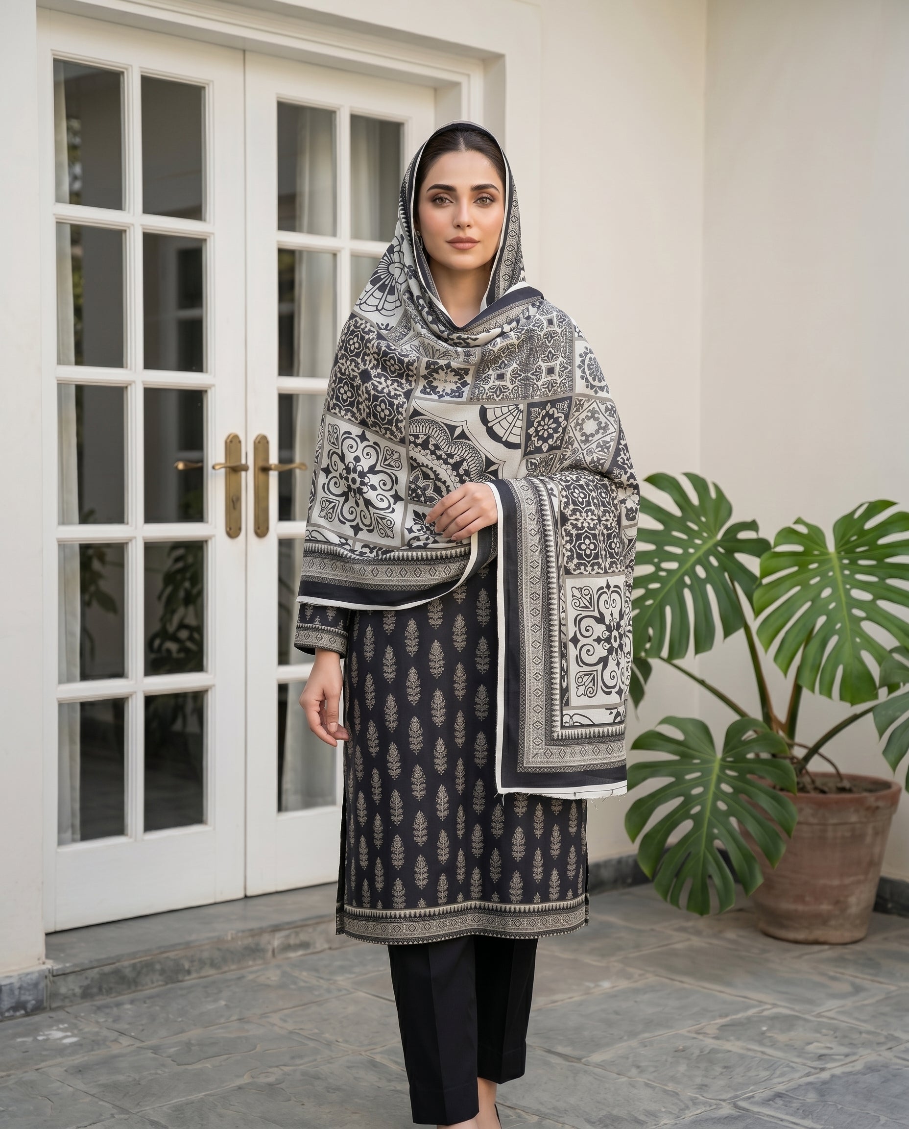 3 Pieces - Sohni Dharti Unstitched Black & White Print Lawn Suit