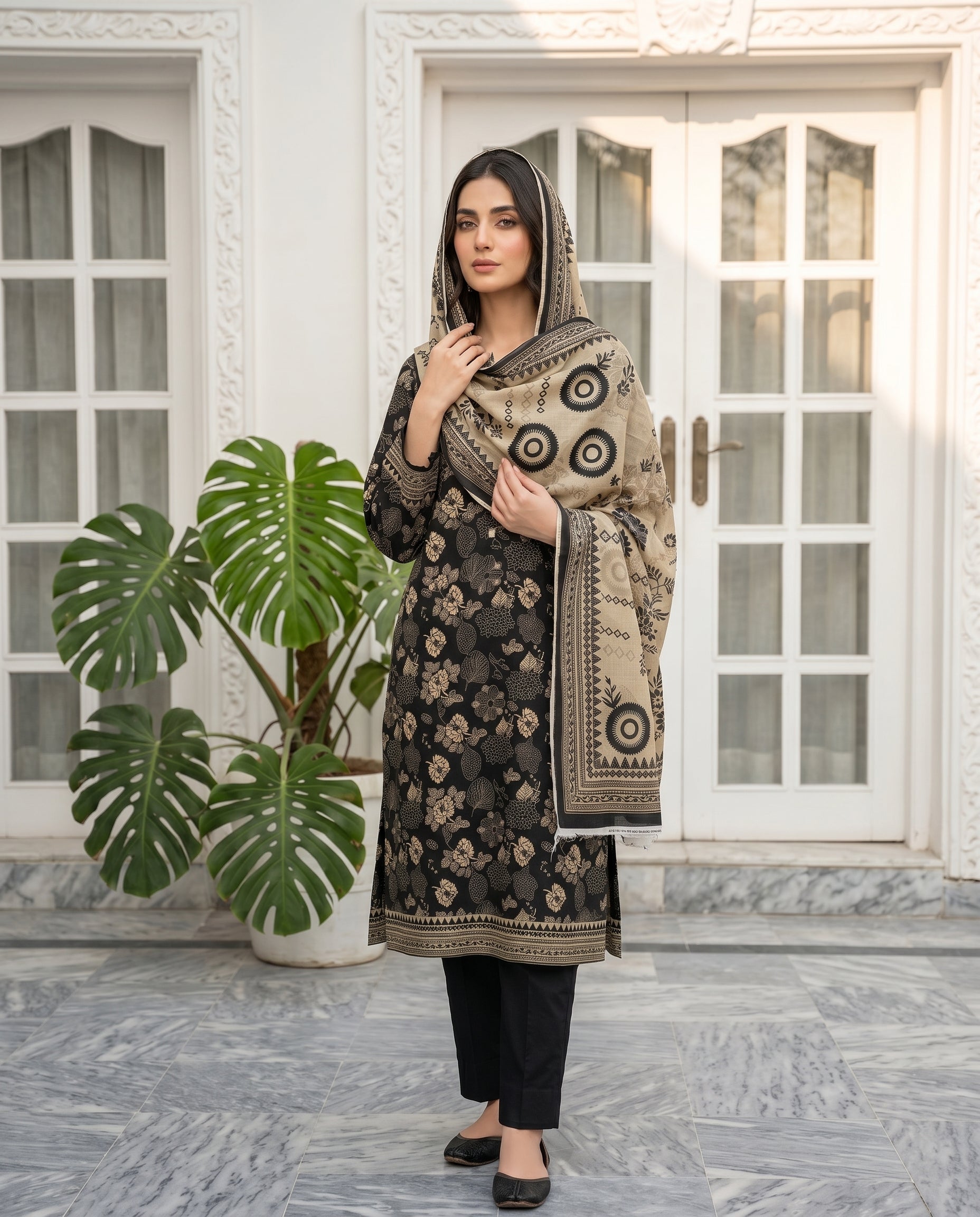 3 Pieces - Sohni Dharti Unstitched Black & White Print Lawn Suit