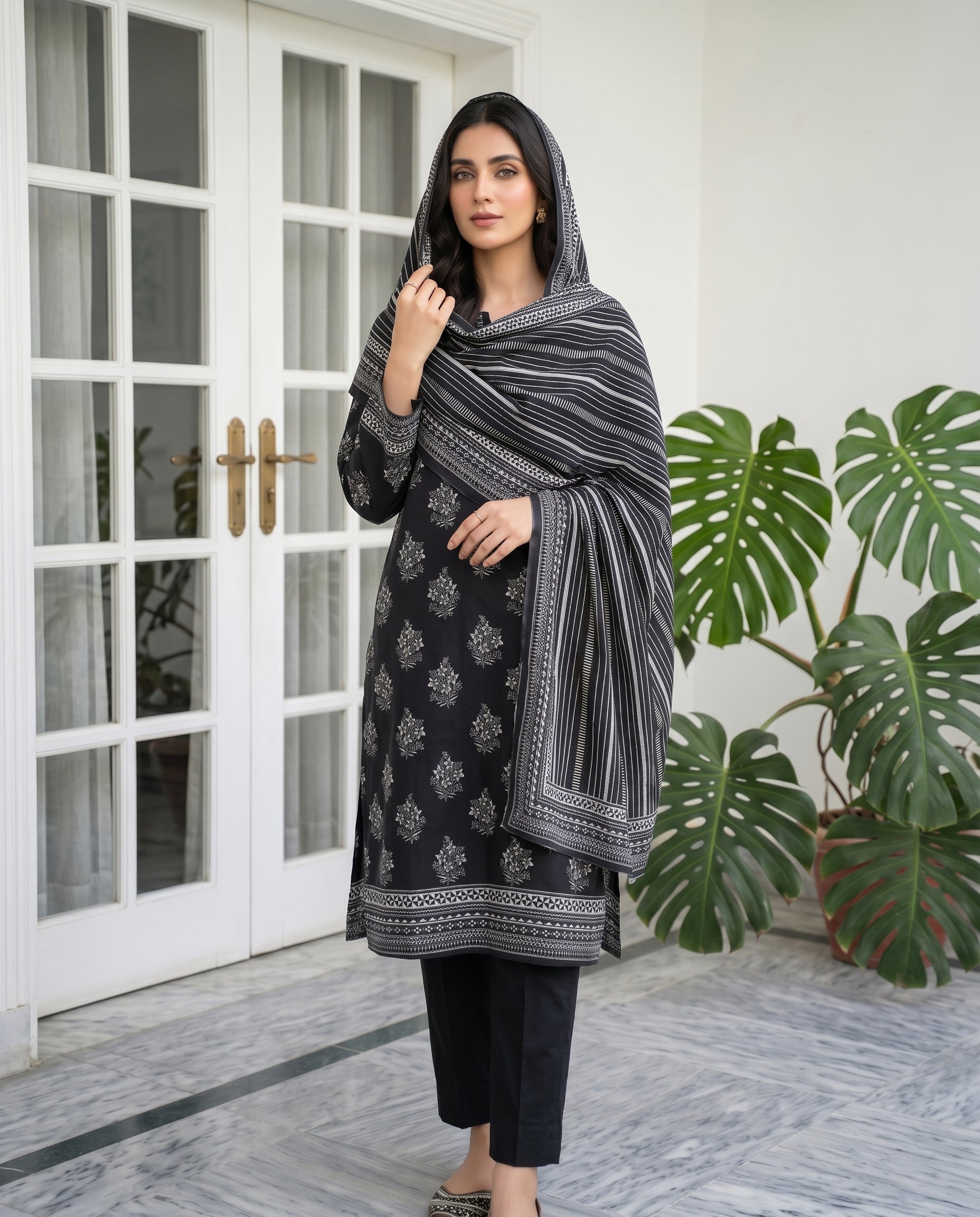 3 Pieces - Sohni Dharti Unstitched Black & White Print Lawn Suit