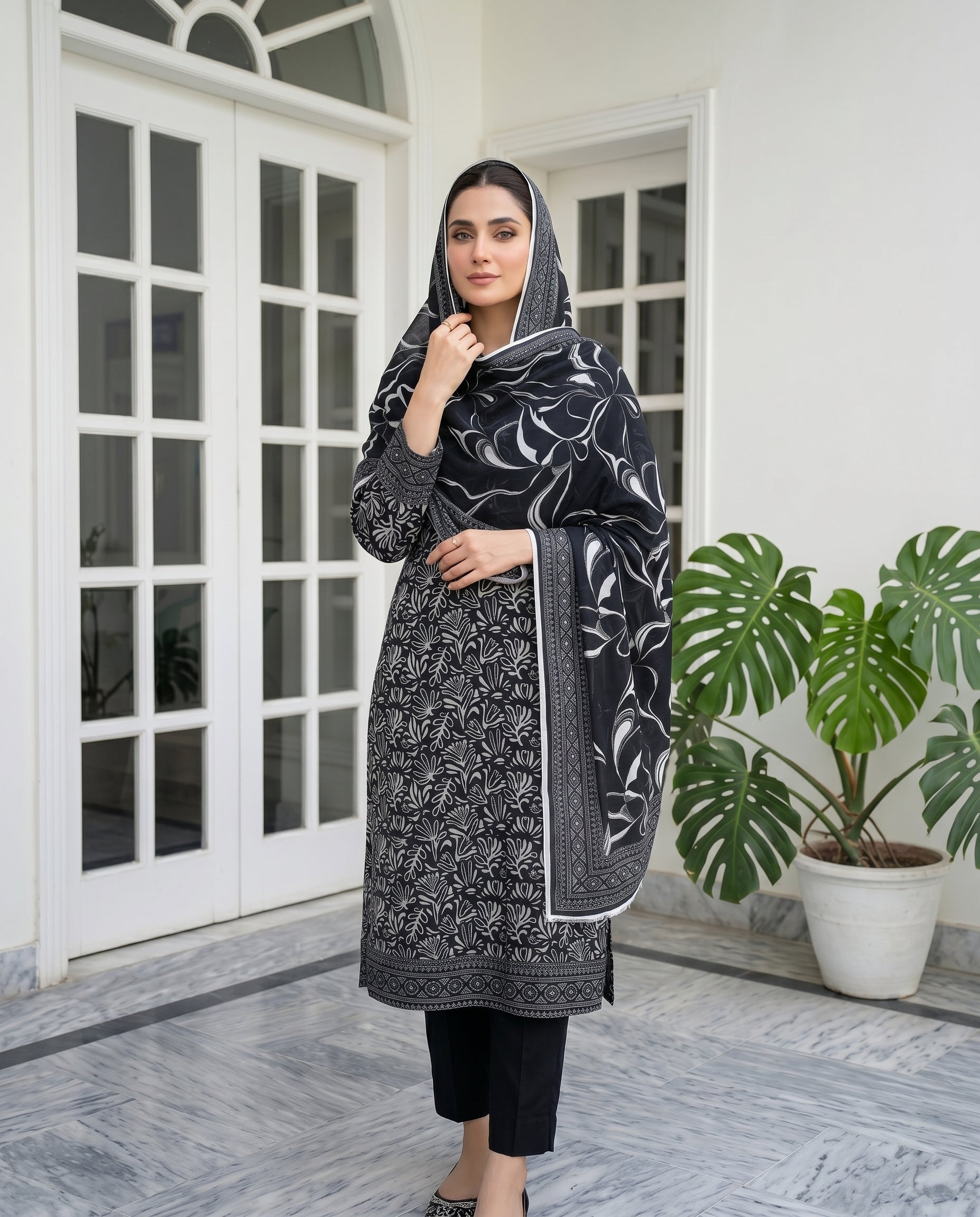 3 Pieces - Sohni Dharti Unstitched Black & White Print Lawn Suit