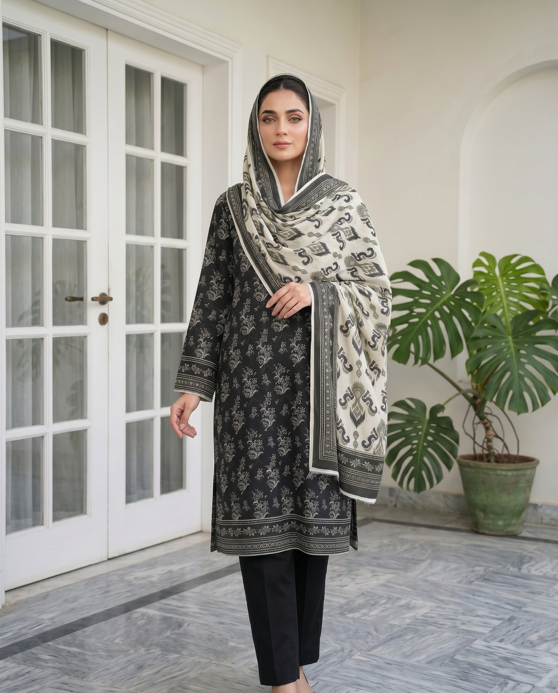 3 Pieces - Sohni Dharti Unstitched Black &amp; White Print Lawn Suit