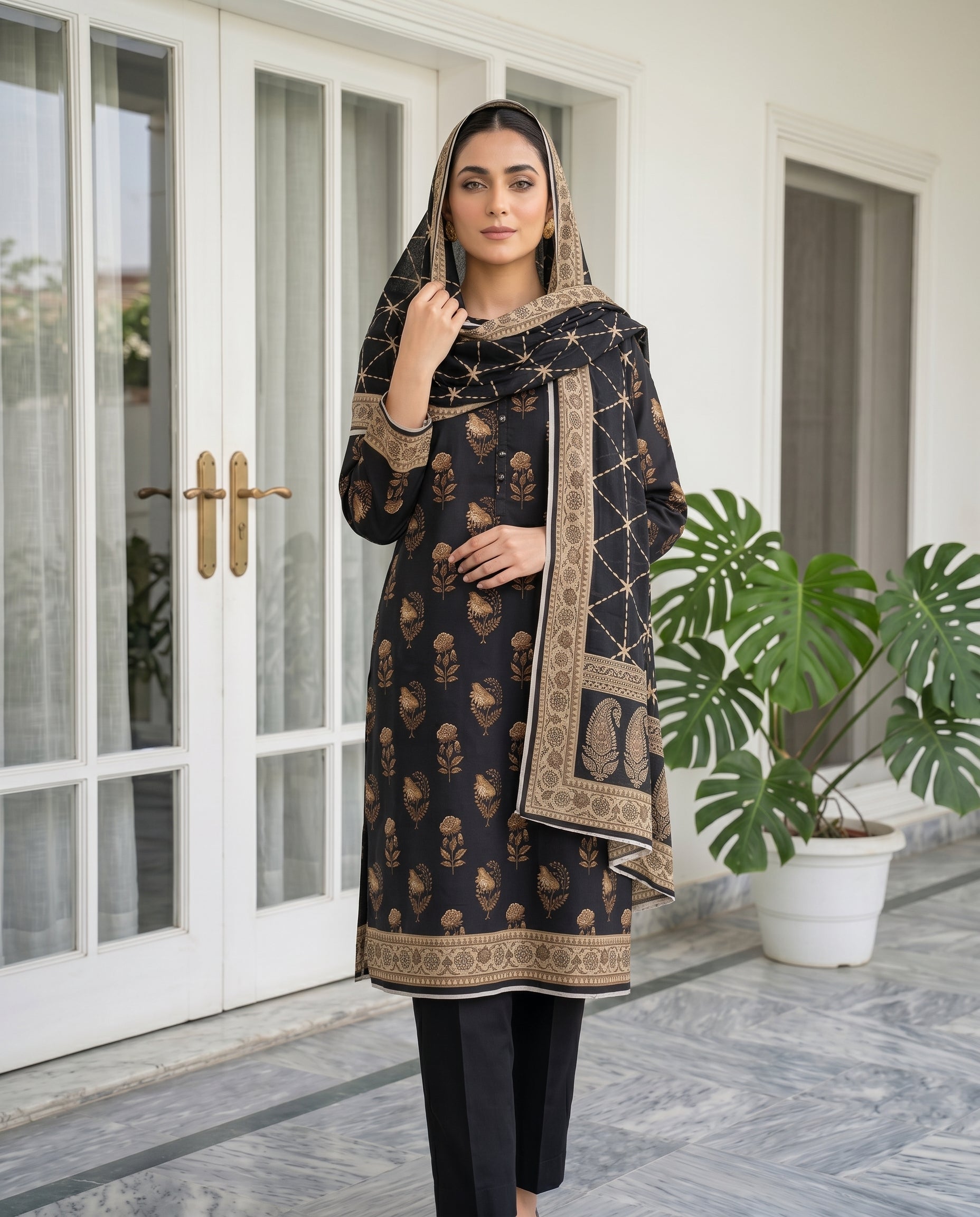 3 Pieces - Sohni Dharti Unstitched Black & White Print Lawn Suit