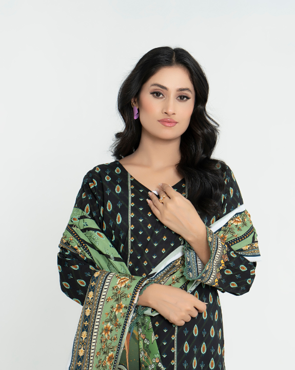 3 Piece - Junoon Unstitched Olive Green Ladies Print Lawn Suit