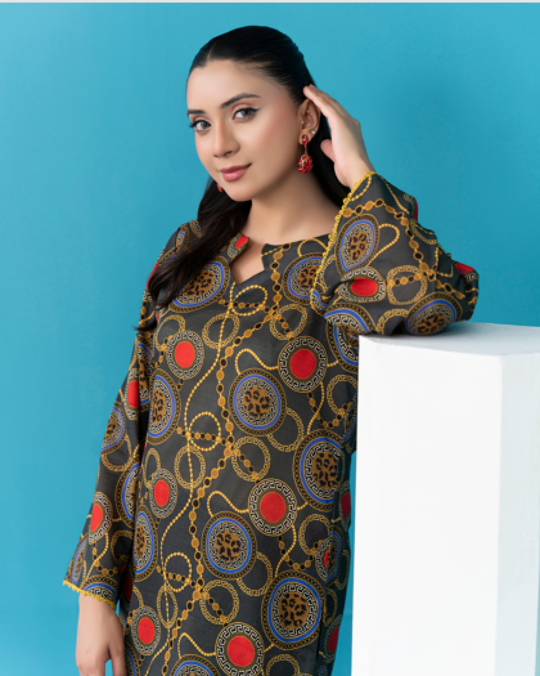 2 Piece - Gold Unstitched  Olive Grey Ladies Print Lawn Suit