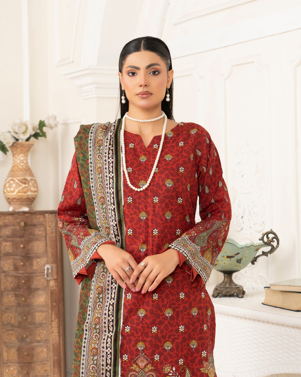 3 Piece - Junoon Unstitched Maroon Ladies Print Lawn Suit