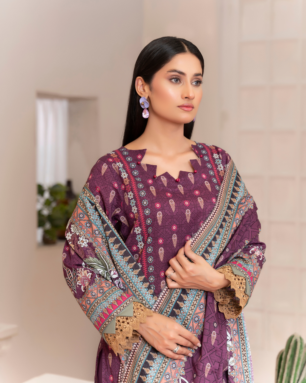 3 Piece - Junoon Unstitched Purple Ladies Banadora Print Lawn Suit