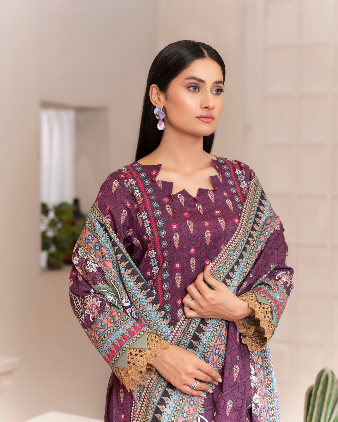 3 Piece - Junoon Unstitched Purple Ladies Banadora Print Lawn Suit