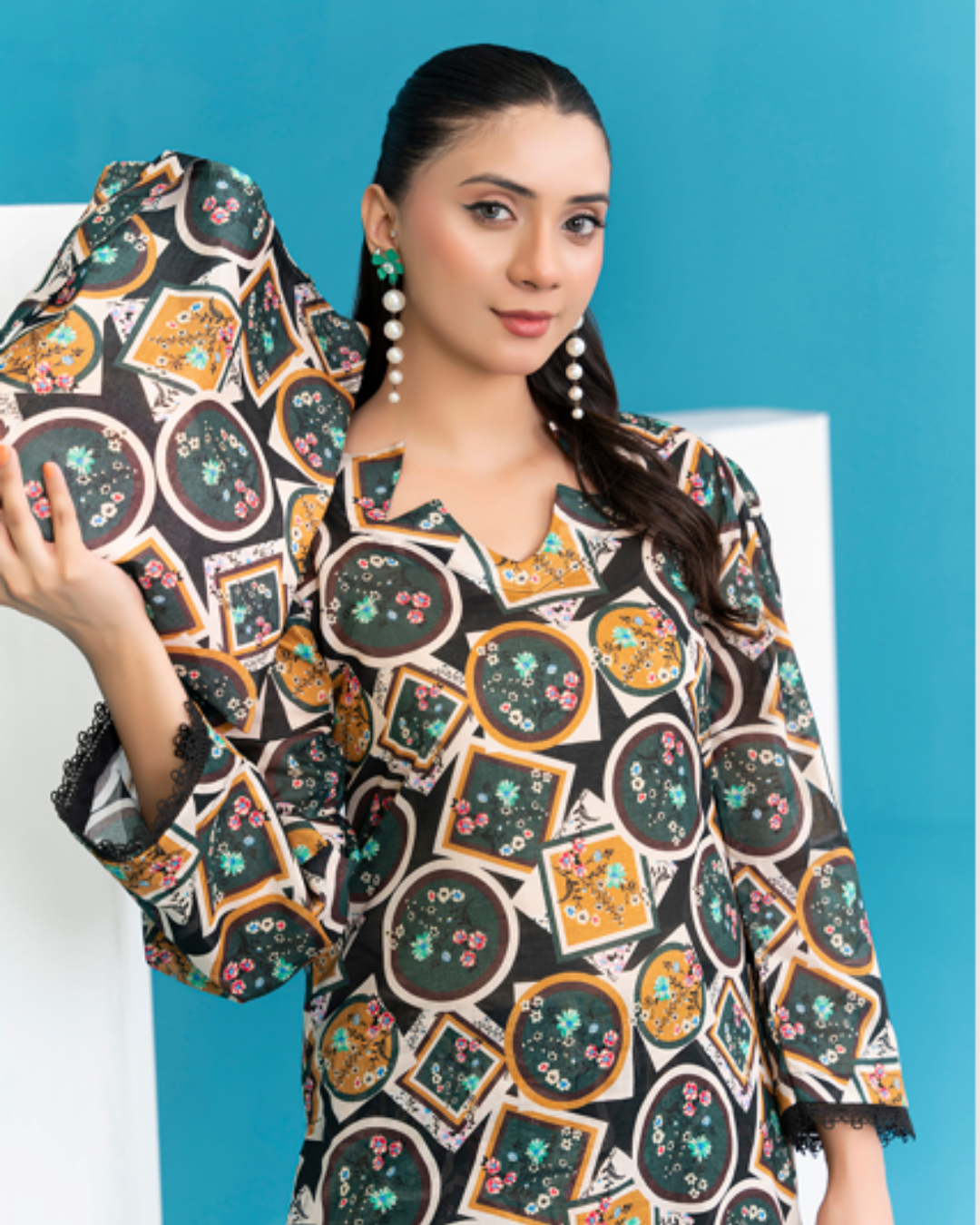 2 Piece - Gold Unstitched White With Multi Ladies Print Lawn Suit