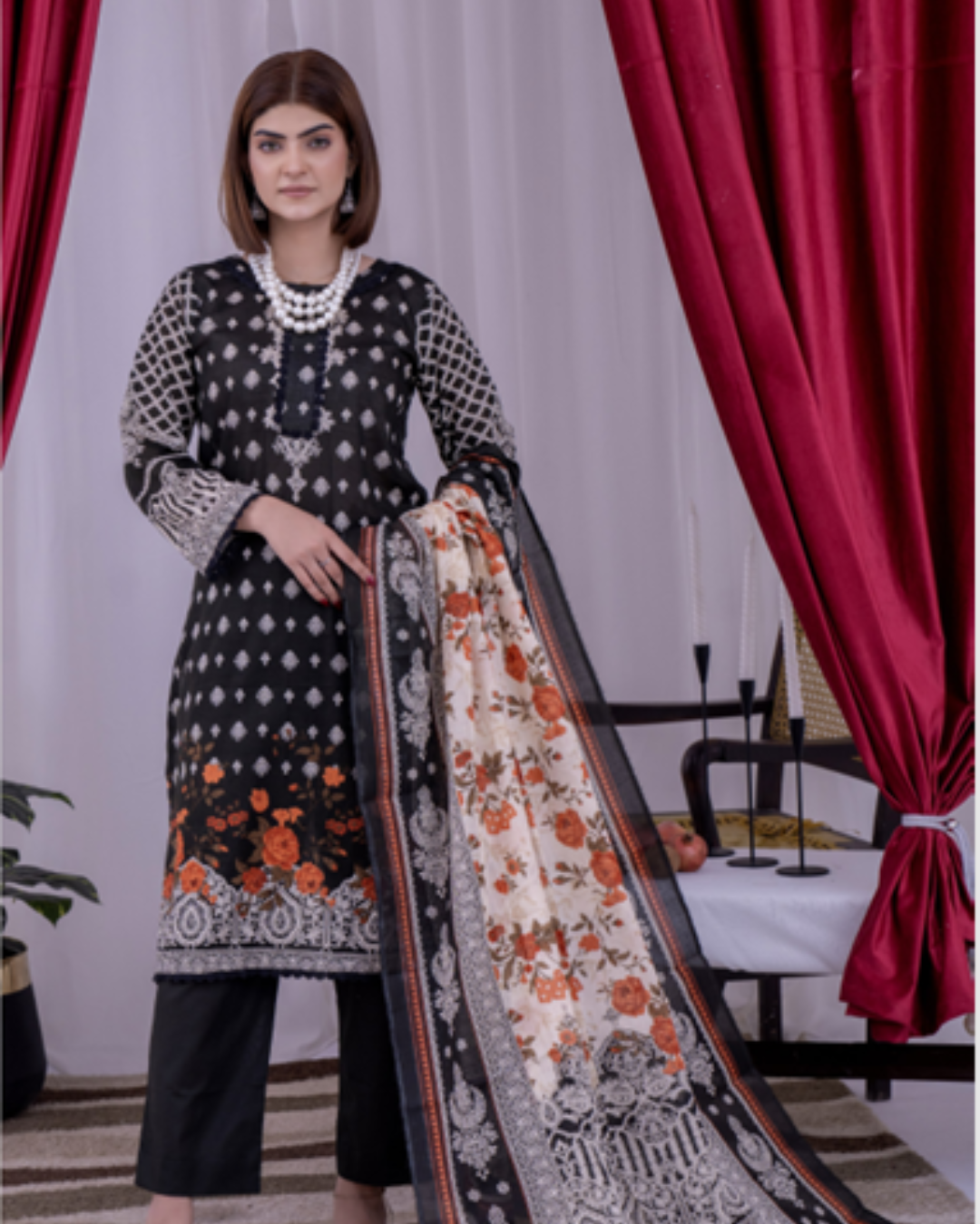 3 Piece - Arfa Unstitched Char Coal Ladies Transliminor Magic Print Lawn Suit